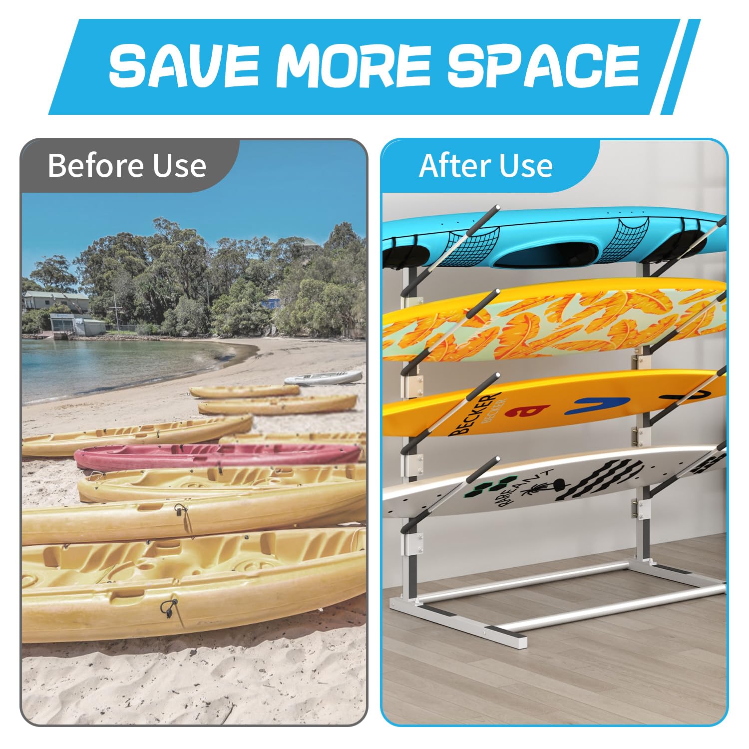 Adjustable Kayak and Paddle Board Storage Rack - Freestanding Surfboard Holder for Indoor & Outdoor Use - Perfect for Garage, Shed, Dock, and Backyard Organization