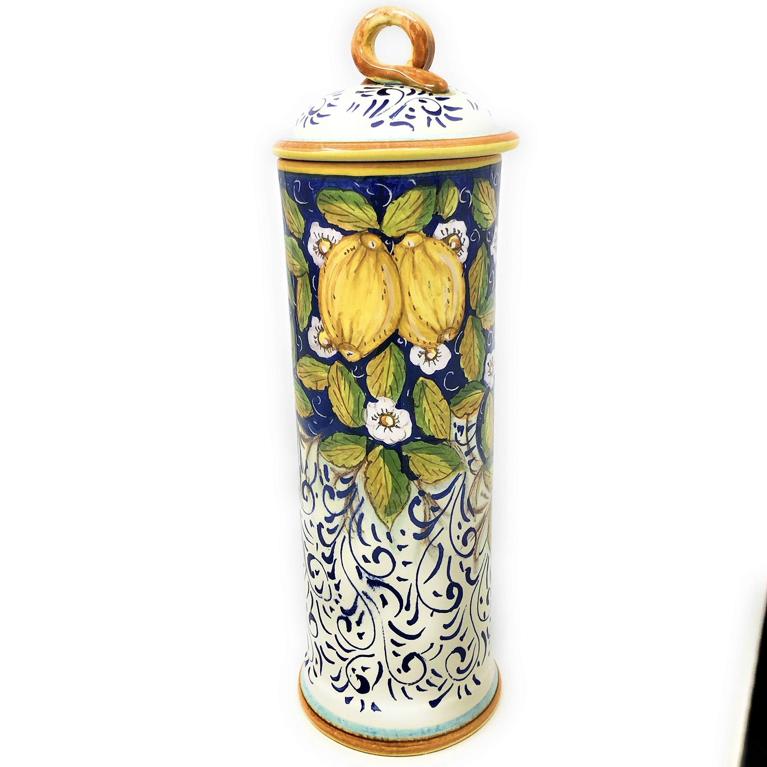 Italian Ceramic Pasta Spaghetti Canister - Hand Painted Lemon Pattern - Tuscan Florence Style - Made in Italy - Perfect for Kitchen Storage & Italian Decor