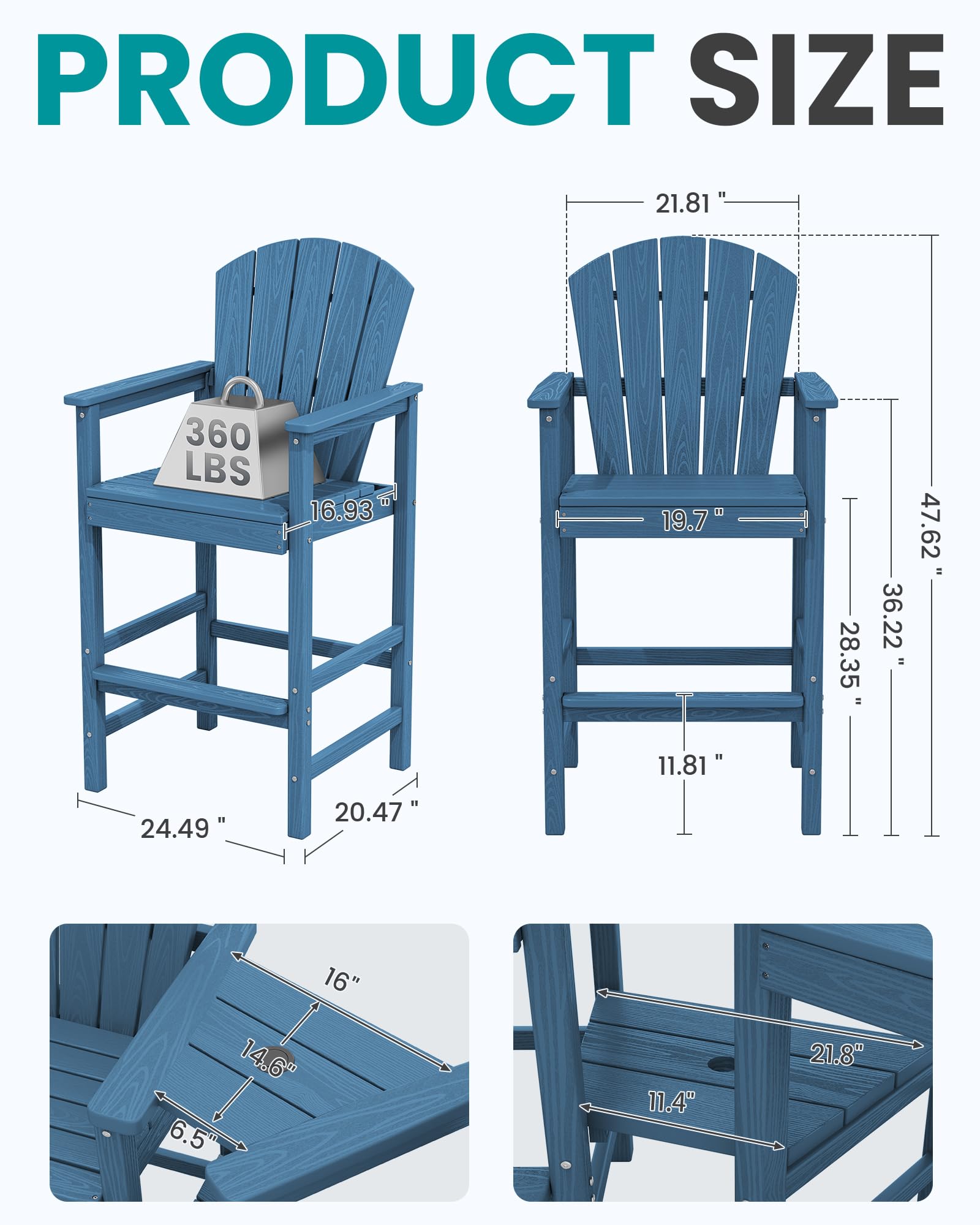Premium HDPE Tall Adirondack Chairs Set of 2 with Connecting Tray - Wood-Like Bar Height Outdoor Stools for Patio, Deck, Garden & Poolside - Weather-Resistant Blue Outdoor Furniture for Relaxing & Entertaining