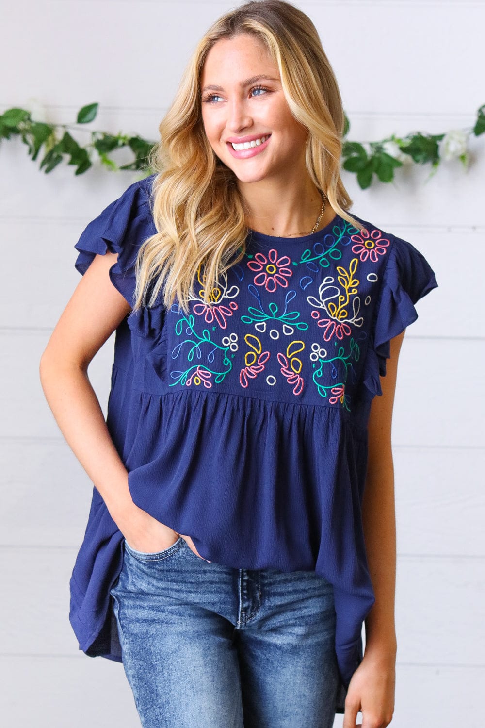 Navy Blue Floral Embroidered Flutter Sleeve Blouse for Women - Elegant Boho Chic Tunic Top for Casual Wear, Date Night & Summer Outfits