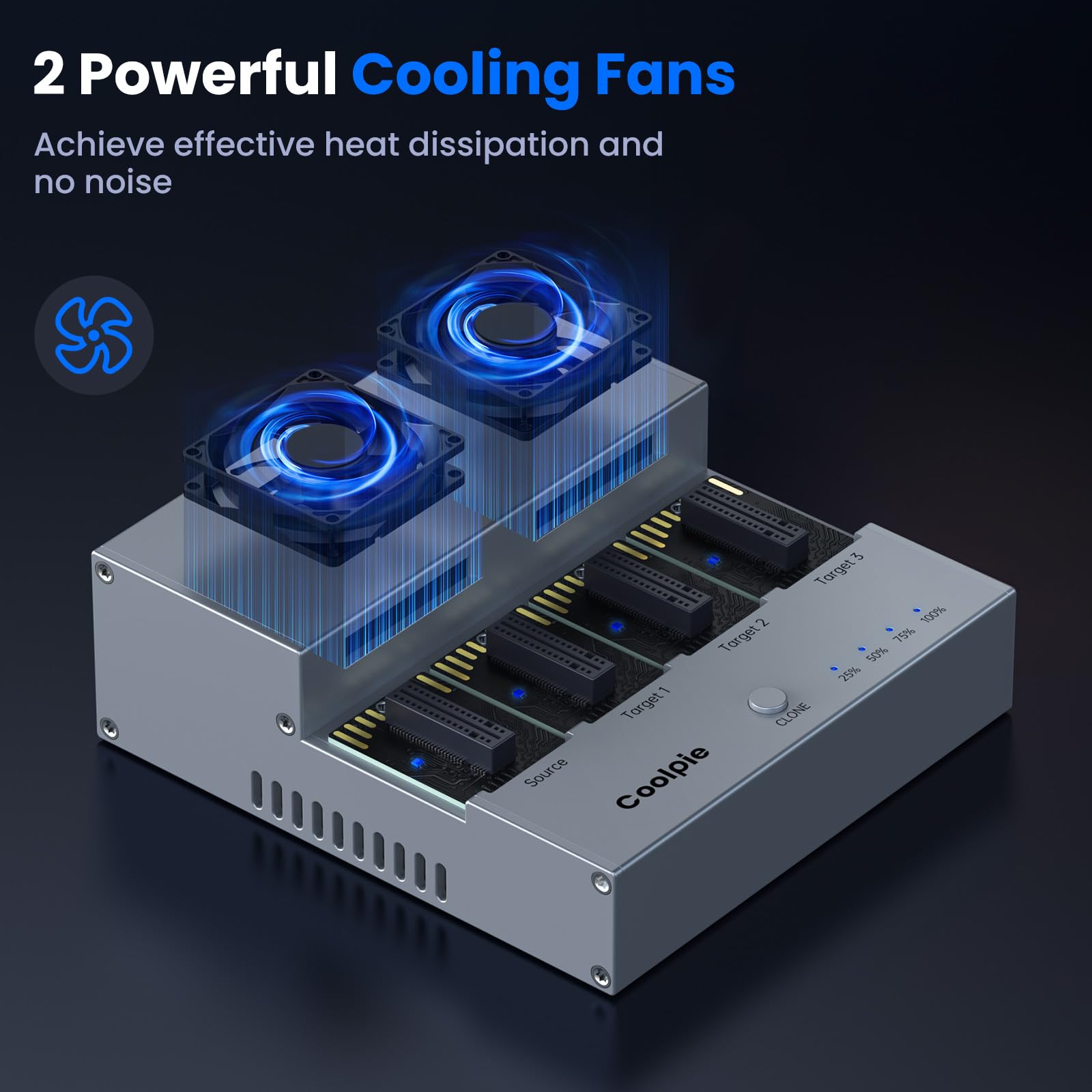 Coolpie CR510 4-Bay M.2 NVMe SSD Cloner - 20Gbps High-Speed Offline Duplicator with Cooling Fans, Tool-Free Design for 2230/2242/2260/2280/22110 SSDs - Perfect for Data Centers, IT Professionals & Secure Backup Solutions