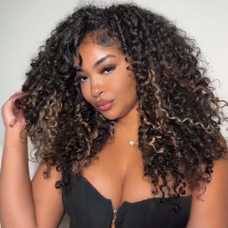 Eullair Honey Brown Highlighted Miro Curly Human Hair Lace Front Wig - Pre-Colored Glueless Lace Frontal Wig for Women, Natural Look for Daily Wear & Special Occasions