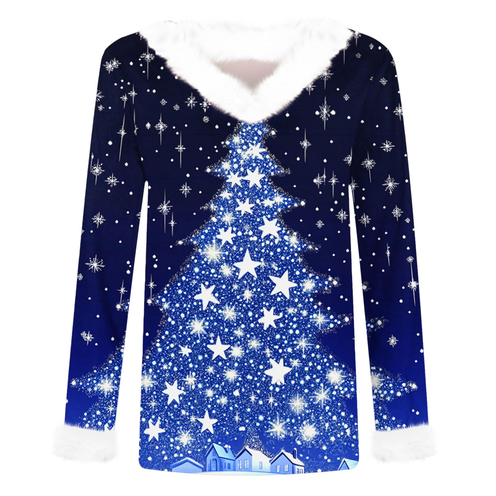 2024 Christmas Tree Print Women's Long Sleeve V-Neck Shirt - Trendy Holiday Tops for Christmas Parties, Family Gatherings & Festive Outfits