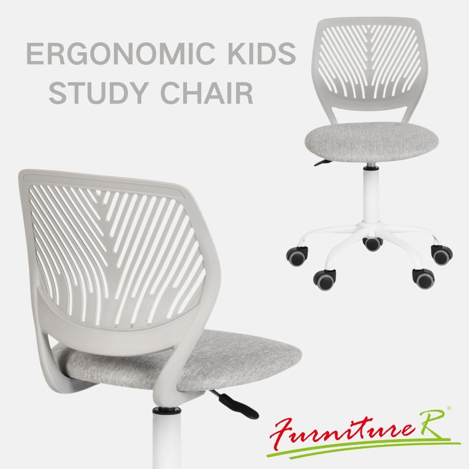 Adjustable Height Kids Computer Chair - Armless 360° Swivel Study Chair for Boys & Girls - Ergonomic Low-Back Task Chair for Home, Bedroom & School - Perfect for Online Learning, Gaming & Homework (Grey)