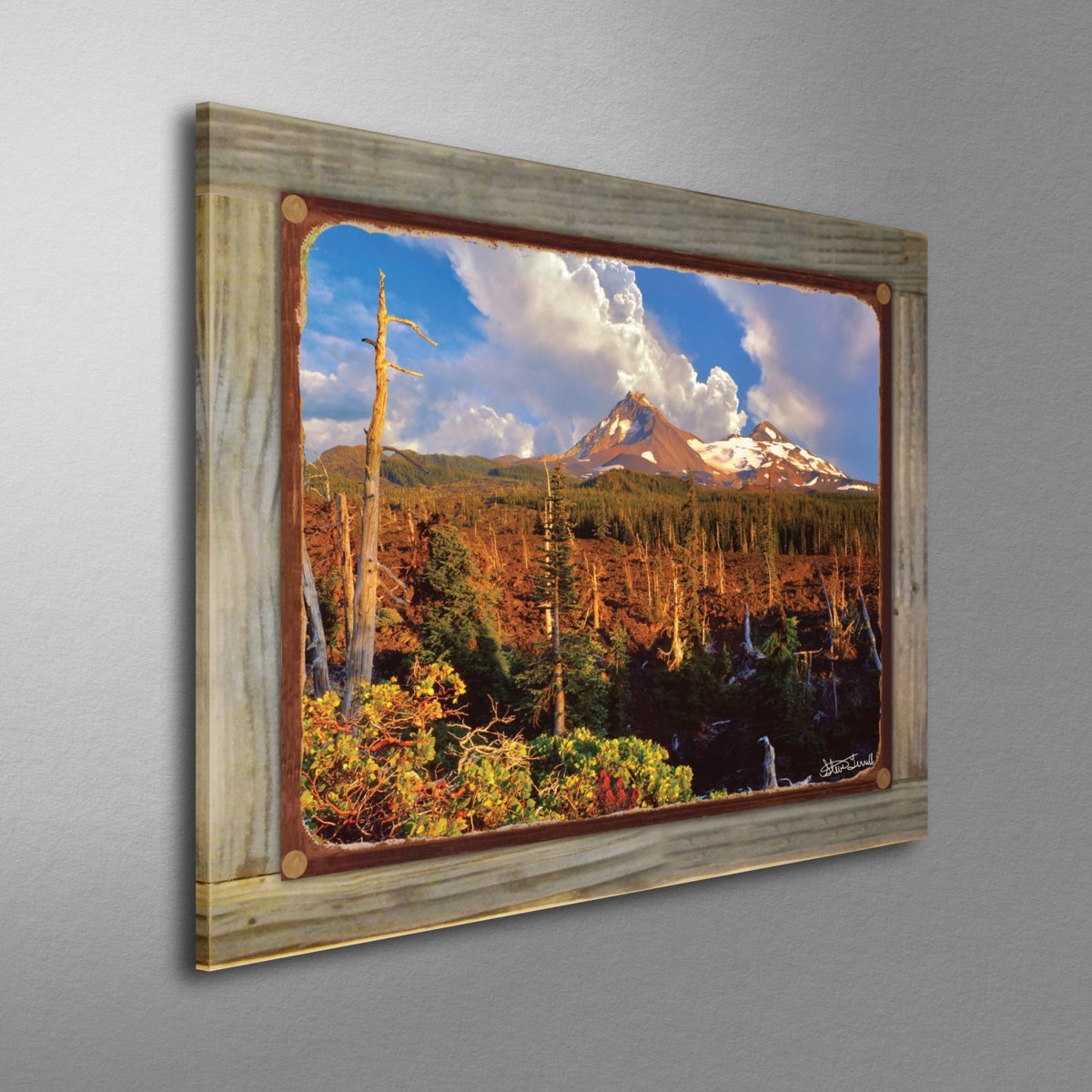 Rustic Metal Print of North & Middle Sister Mountains Oregon on Reclaimed Barn Wood - 8.5