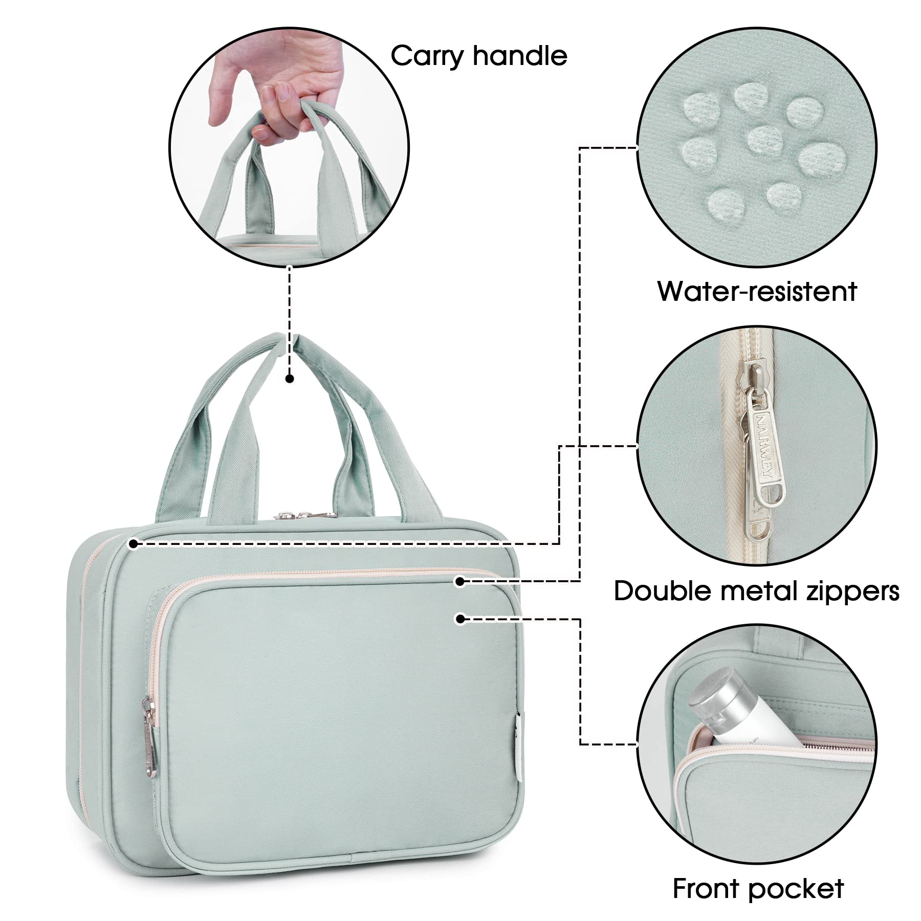 Narwey Hanging Toiletry Bag for Women - Travel Makeup Organizer with Multiple Pockets, Waterproof Cosmetic Bag for Toiletries & Essentials (Mint Green, Medium Size) | Perfect for Vacation, Gym, Camping & Business Trips