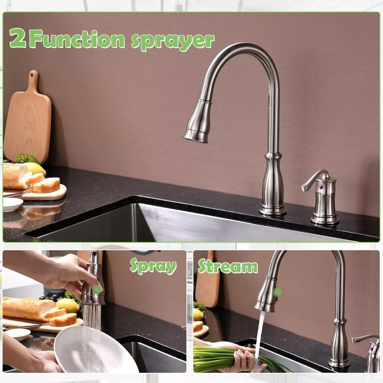APPASO Brushed Nickel 3-Hole Pull Down Kitchen Faucet with Sprayer & Soap Dispenser - High Arc Stainless Steel Sink Faucet for Modern Kitchens (Perfect for Washing Dishes, Filling Pots & Cleaning Vegetables)