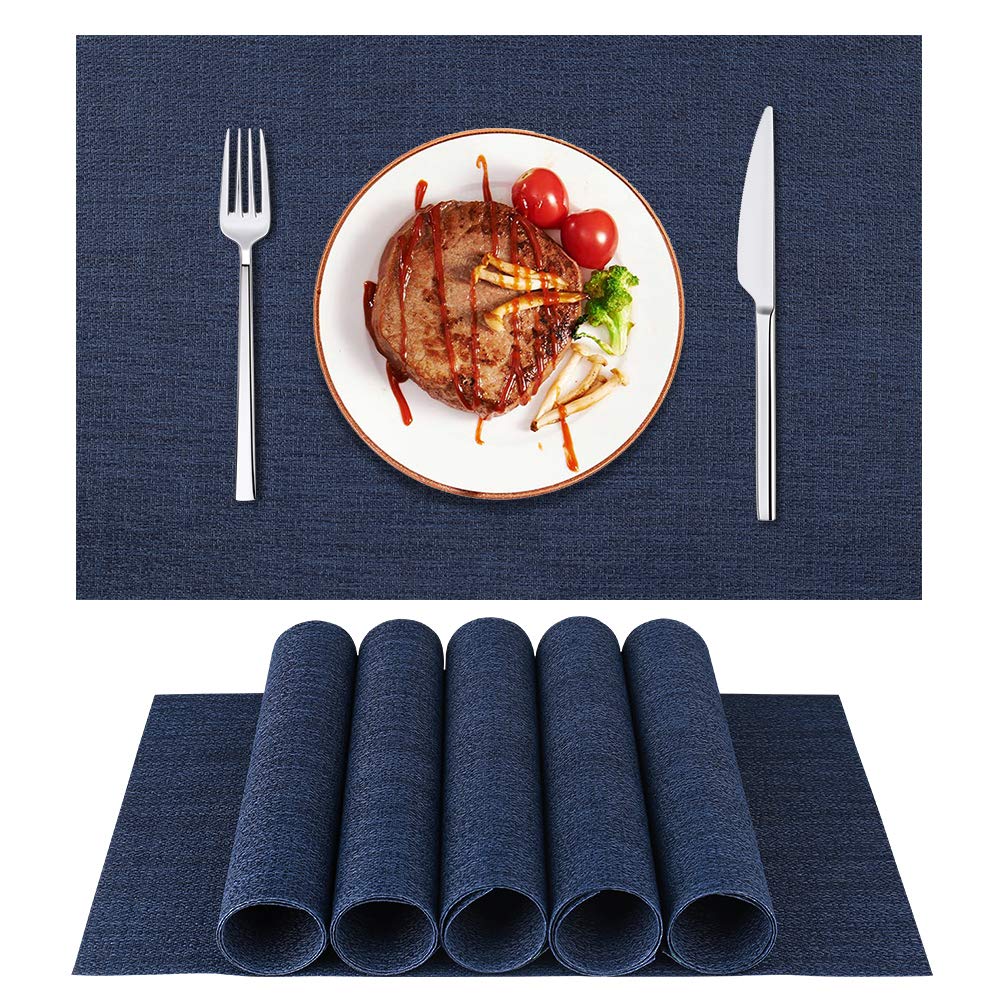 6-Pack Woven Vinyl Placemats for Dining Table - Waterproof Washable Indoor/Outdoor Table Mats - Dark Blue - Perfect for Kitchen, Patio, Picnic & Restaurant Use