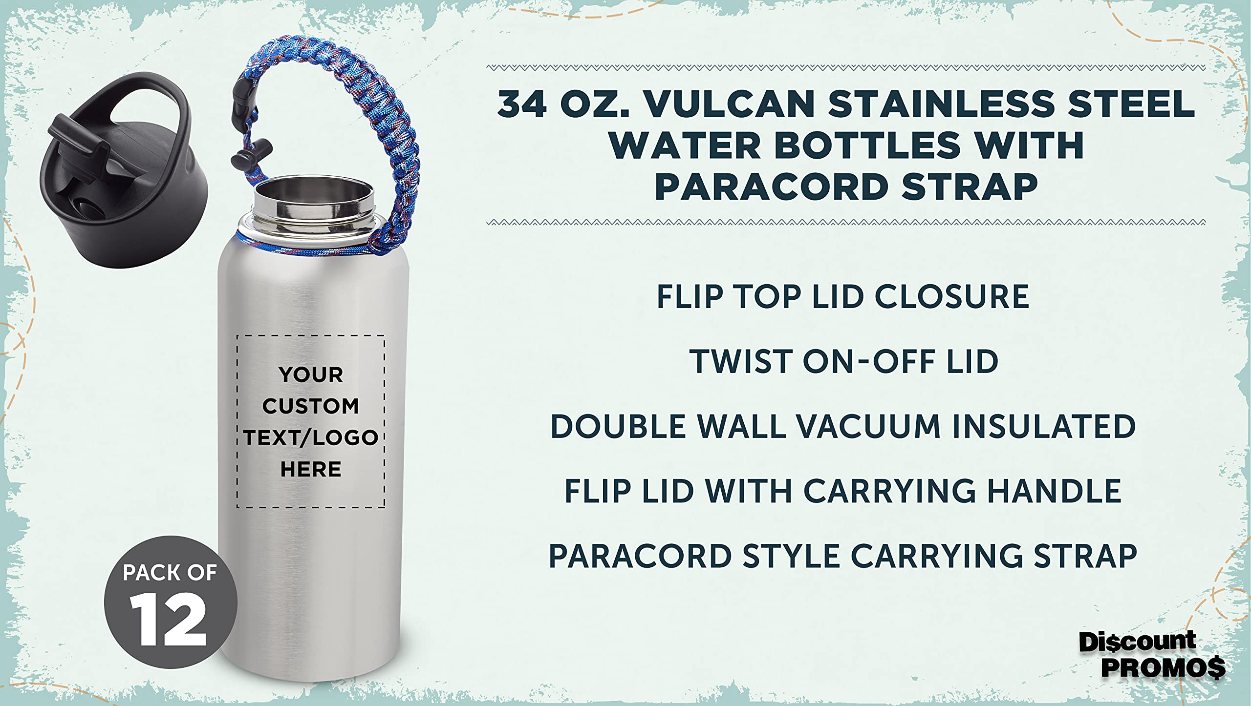 12 Pack 34oz Stainless Steel Water Bottles with Strap - Double Wall Vacuum Insulated, Custom Text & Logo - Silver - Perfect for Gym, Hiking, Office & Outdoor Activities