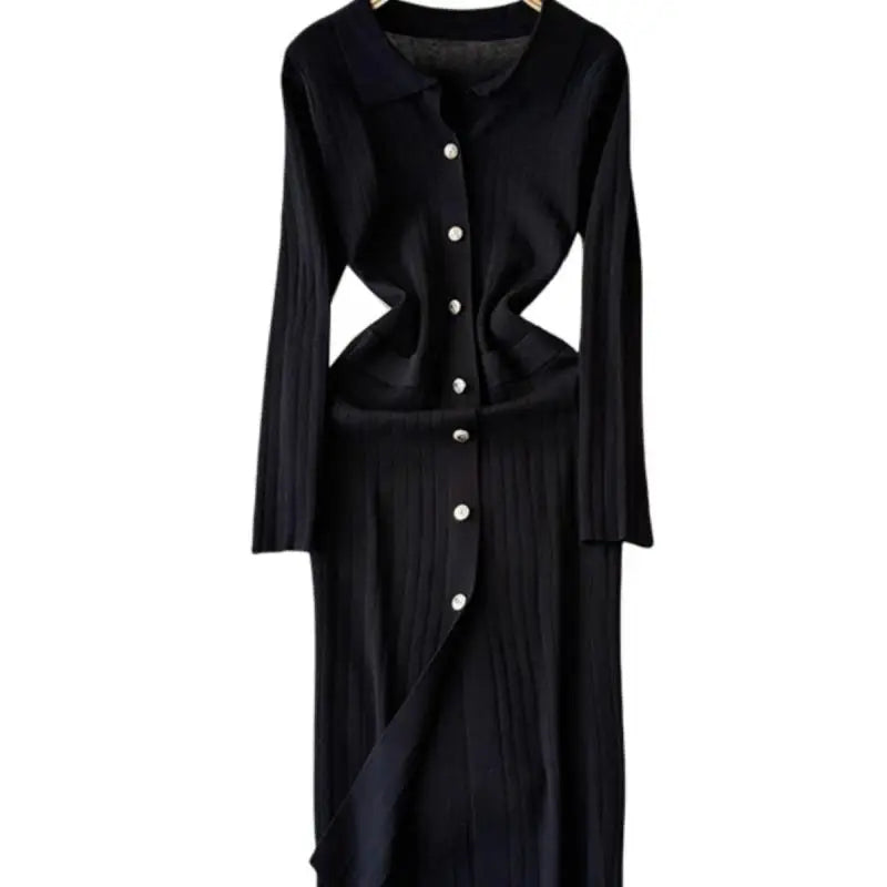 Autumn 2024 Women's Solid Color Single Breasted Knit Long Dress - French Elegant Office Wear Long Sleeve Dress for Work & Formal Occasions