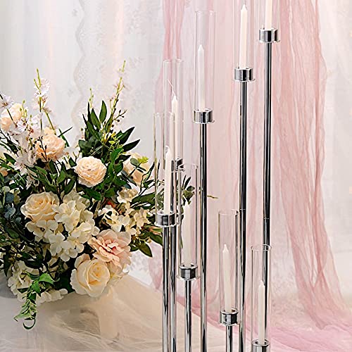 42-Inch Silver Candelabra Candle Holder - Elegant Glass Centerpiece for Wedding, Reception, Party & Dining Table Decor - Perfect for Romantic Dinners, Holiday Celebrations and Home Decor