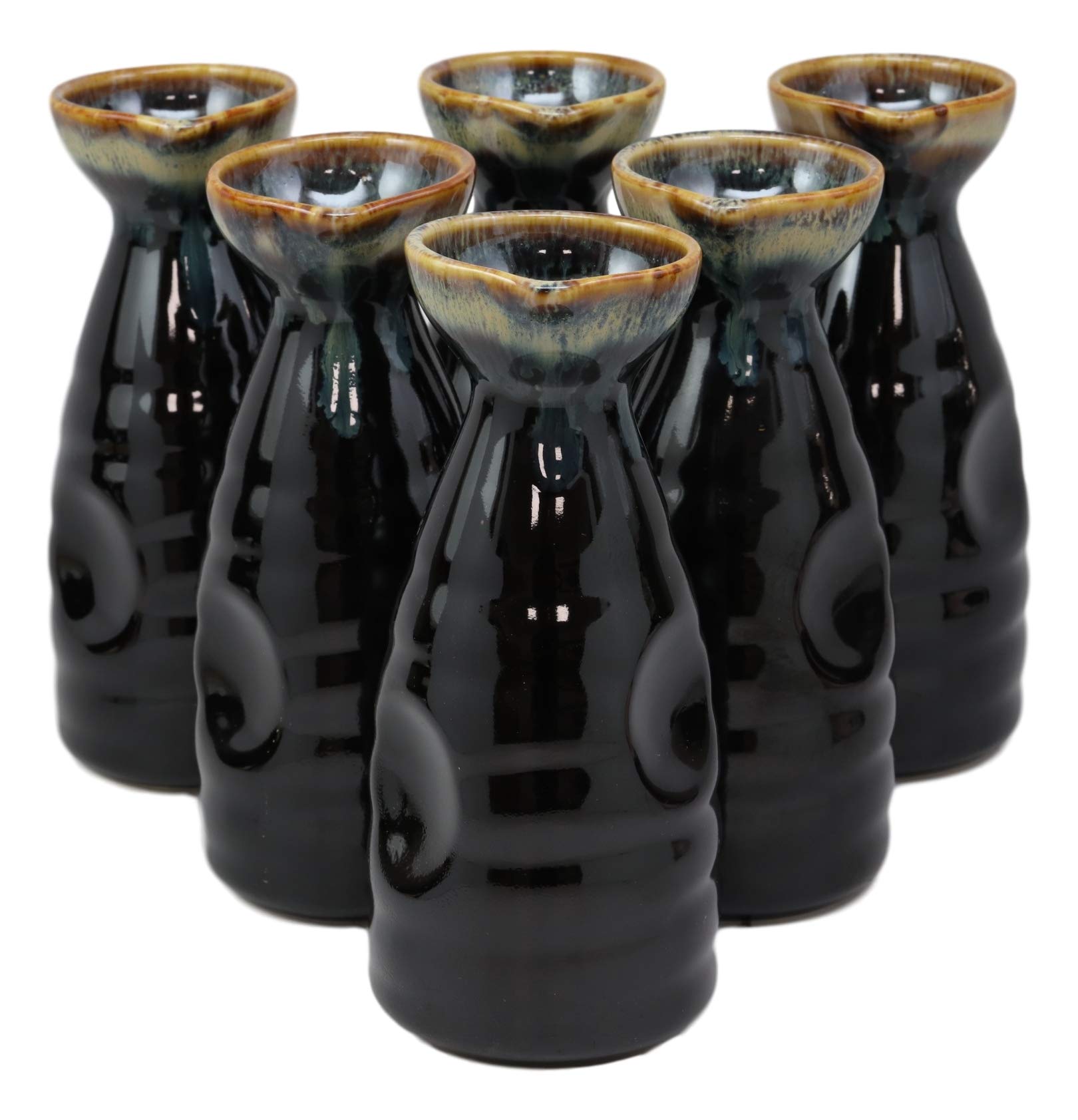Ebros Gift Set of 6 Contemporary Brown & White Glazed Ceramic Japanese Sake Tokkuri Flasks with Heaven and Earth 'Ten To Ji' Design - Perfect for Sake Serving, Home Bar Decor, and Asian Dining Experience