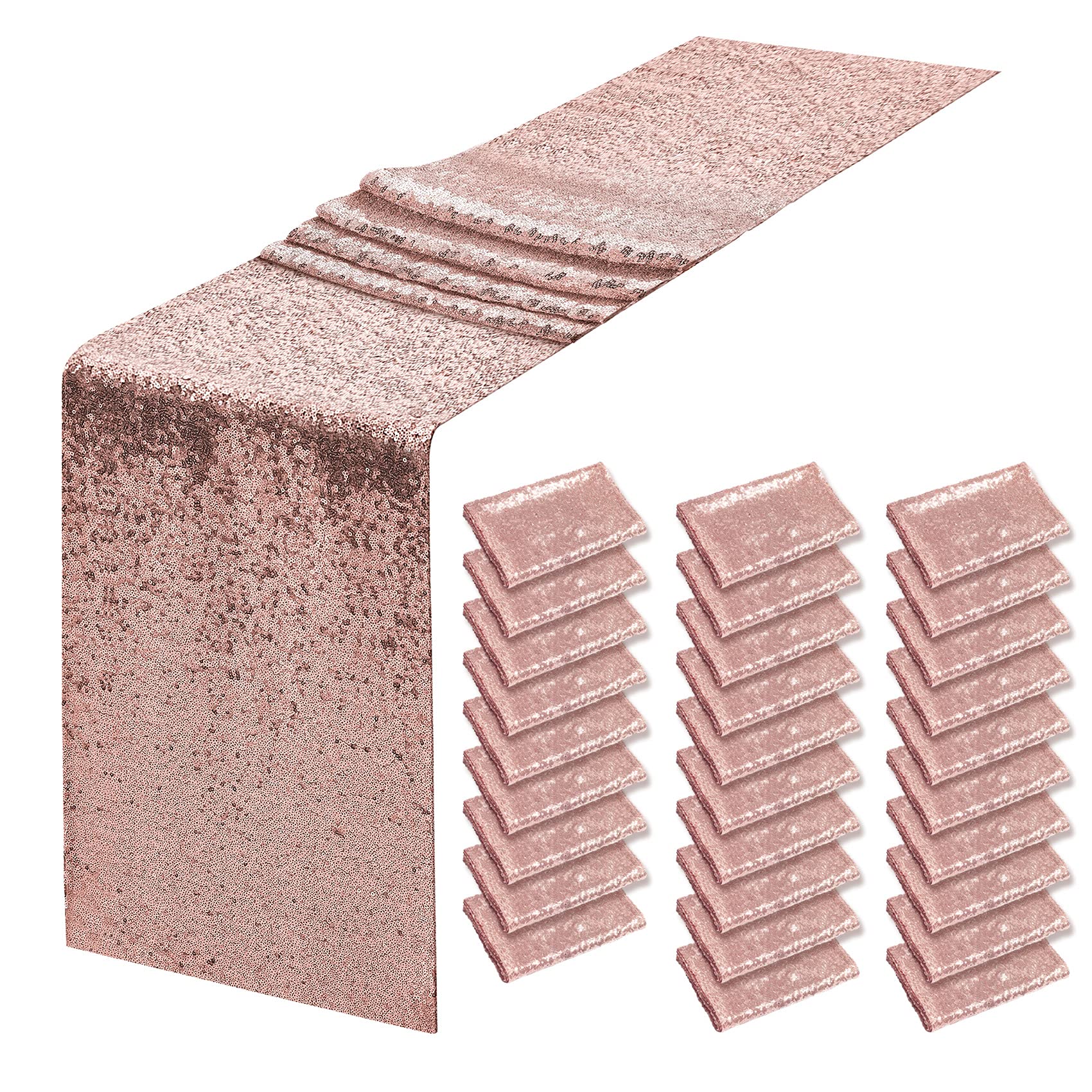 30 Pack 12x72 Inch Rose Gold Sequin Table Runners - Glitter Party Decor for Weddings, Birthdays, Bridal Showers, Baby Showers & Holiday Celebrations - Perfect for Dining Tables, Buffets, and Event Centerpieces