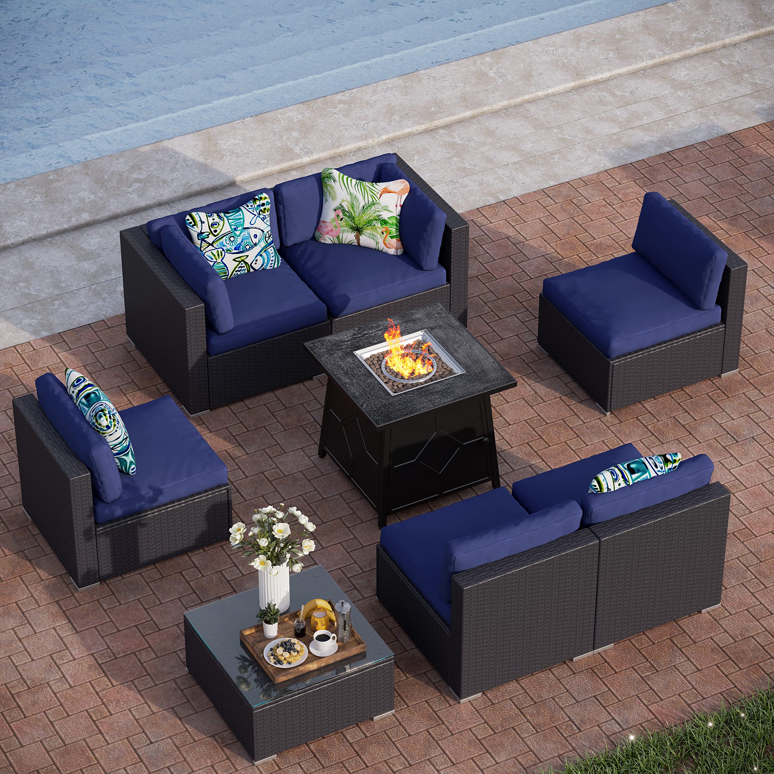 PHI VILLA 8-Piece Outdoor Patio Furniture Set with CSA Approved Gas Fire Pit - Navy Blue Wicker Sectional Sofa, Coffee Table & Stone-Like Tabletop - Perfect for Backyard, Garden, Poolside & Patio Relaxation