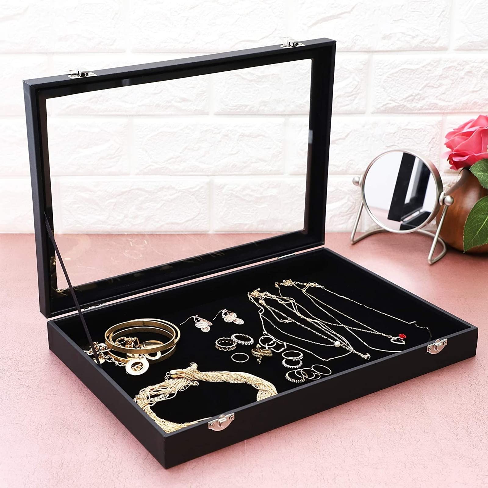 Juvale Small Velvet Jewelry Display Case - Elegant Travel Organizer Tray for Rings, Bracelets & Necklaces | Perfect Jewelry Storage for Women & Girls | Retail Display & Home Organization (Black) - Ideal for Travel, Gift Giving & Boutique Displays