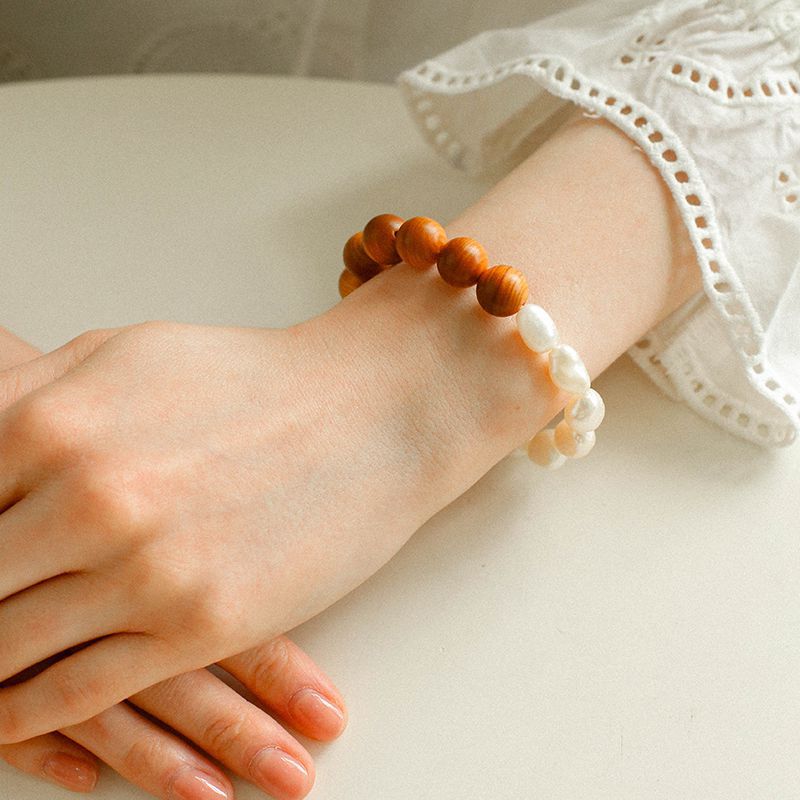 Natural Wood Bead Pearl Bracelet - Handmade Boho Chic Jewelry for Women - Perfect for Yoga, Meditation & Everyday Wear