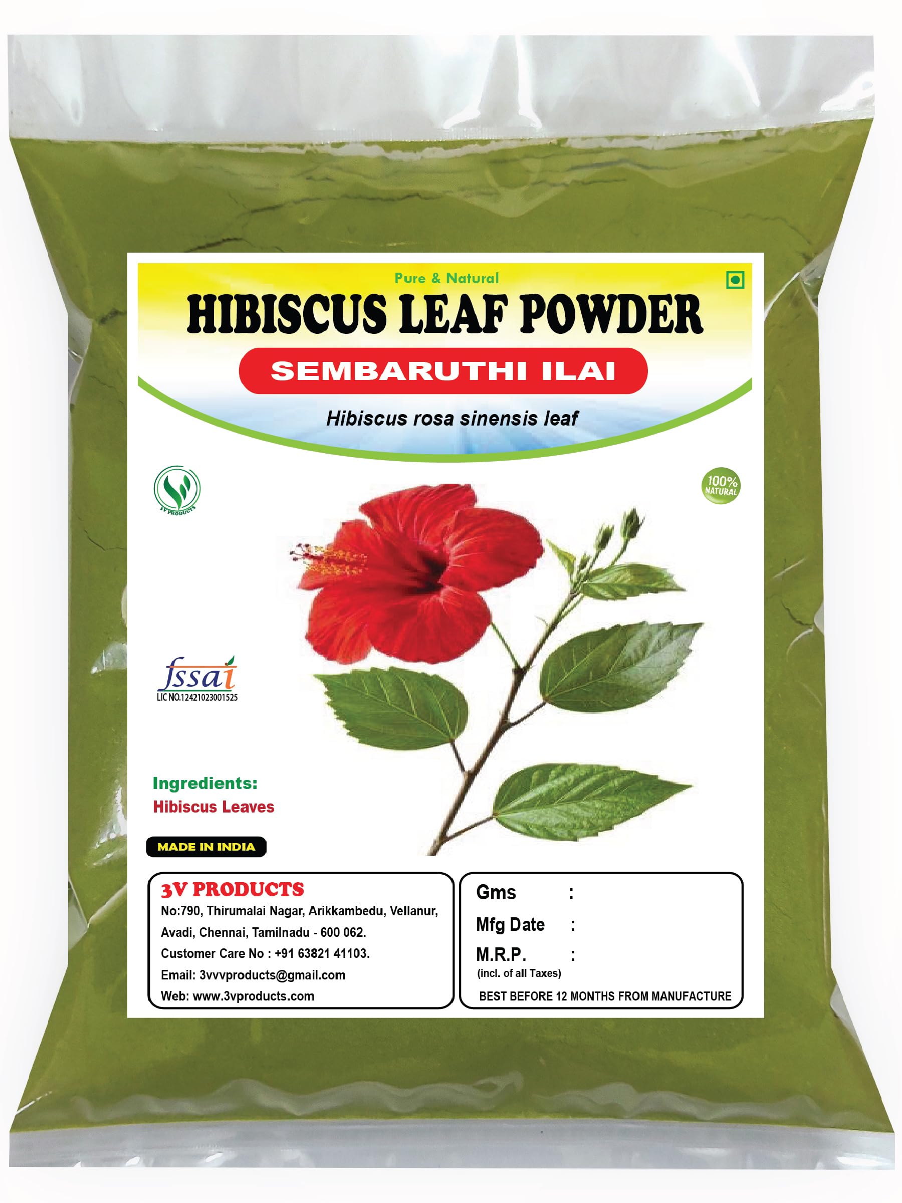 3V PRODUCTS Hibiscus Leaf Powder - Pack of 2x50g - 100% Pure Hibiscus Rosa Sinensis (Sembaruthi) for Hair Growth, Skin Care & Face Masks - Natural Ayurvedic Beauty Treatment for Shiny Hair & Glowing Skin
