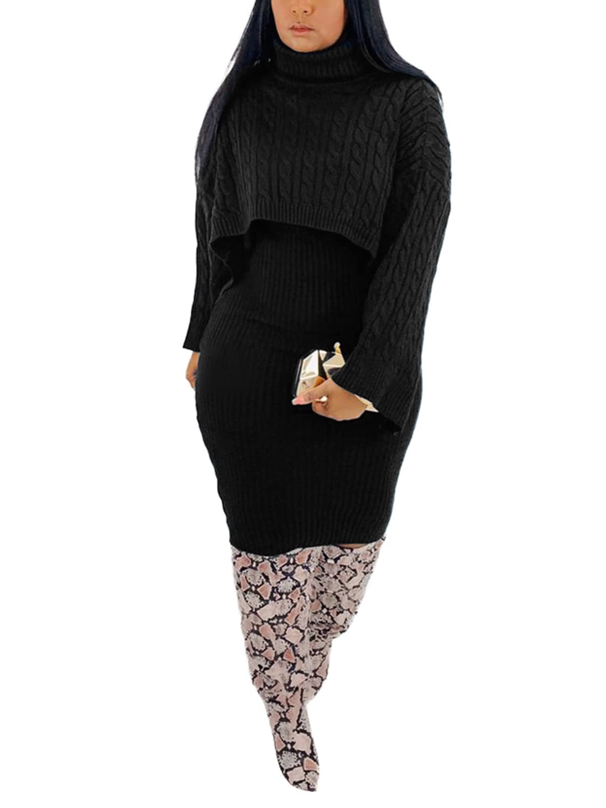 Women's 2 Piece Knit Outfit - Long Sleeve Turtleneck Sweater & Bodycon Midi Dress Set | Winter Fashion, Office Wear, Date Night Outfits