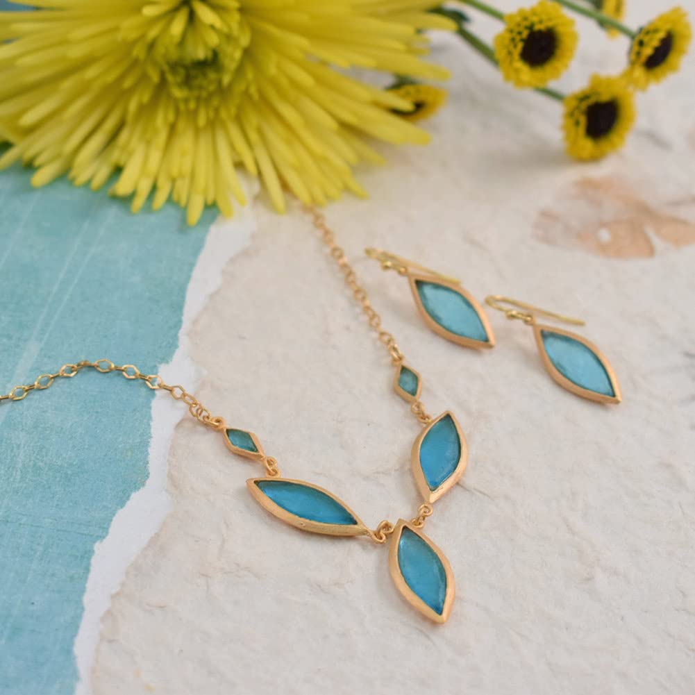 Handmade Blue Marquise Glass & Gold-Plated Necklace and Earrings Set | Artisan Jewelry | Perfect for Weddings, Parties & Special Occasions | Made in USA