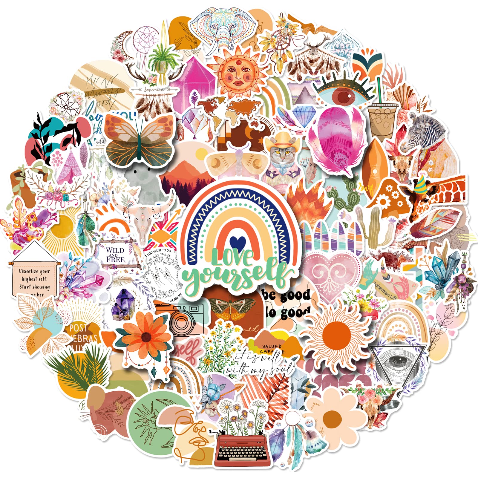 100PCS Boho Stickers for Water Bottles & Laptops - Vintage Aesthetic Waterproof Vinyl Decals for Teens, Kids & Adults - Minimalist Abstract Line Art Stickers for Scrapbook, Journal & DIY Crafts - Perfect for Personalizing Tumblers, Notebooks & Phone Cases