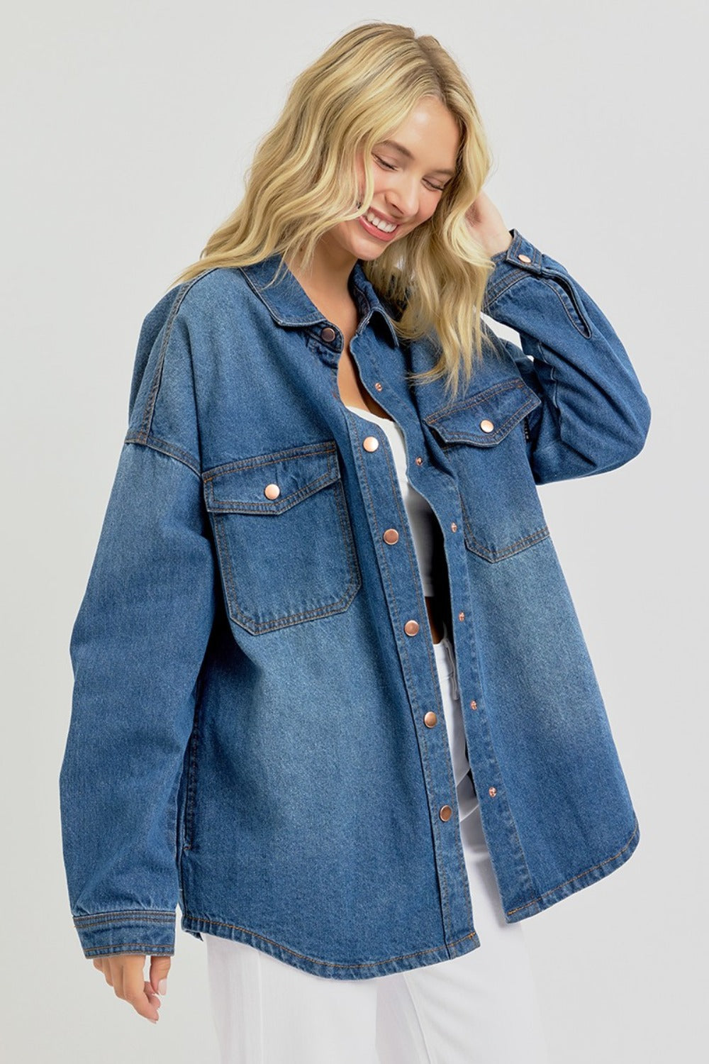 Men's Full Size Snap Down Long Sleeve Denim Shacket Jacket - Casual Overshirt for Fall & Winter Layering