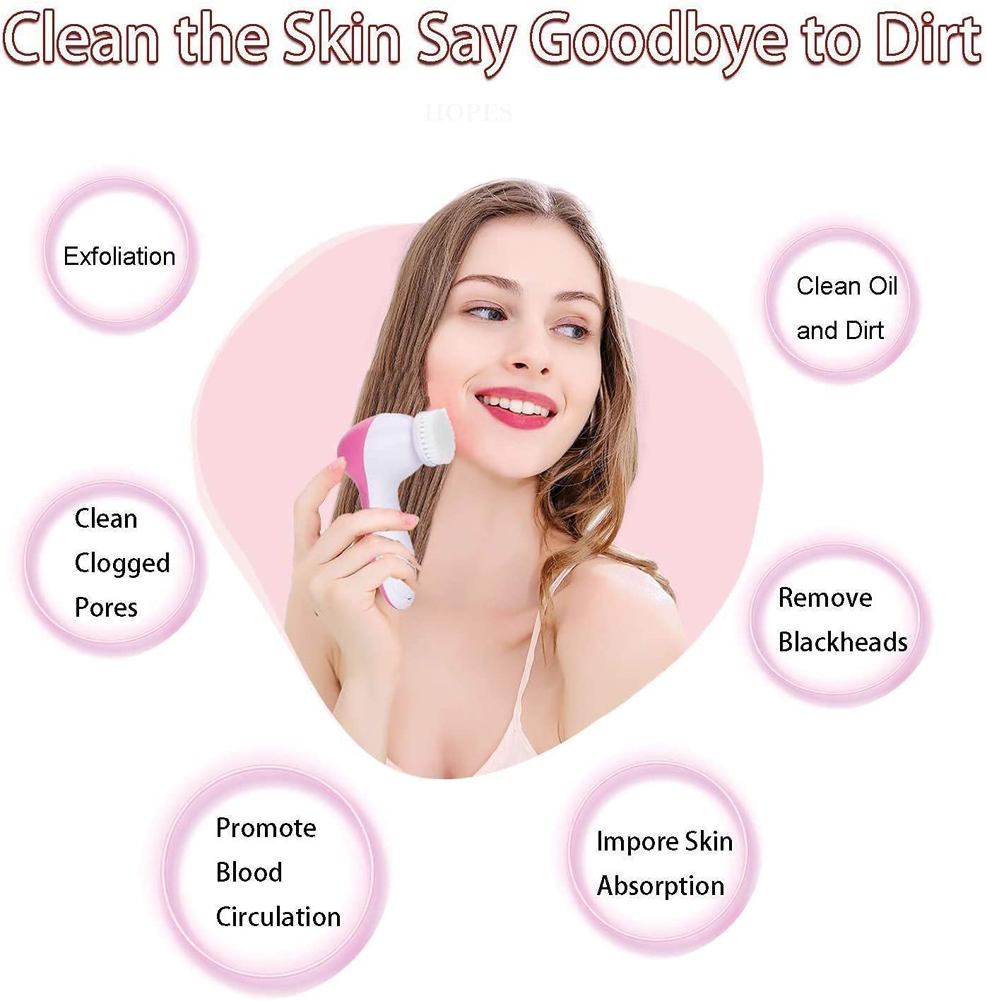 HOPES 5-in-1 Waterproof Facial Cleansing Brush Set with 5 Replaceable Brush Heads - Gentle Exfoliating, Blackhead Removal & Deep Pore Cleansing for Daily Skincare Routine at Home or Travel