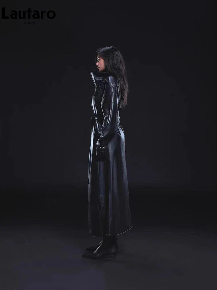 Luxury Women's Extra Long Oversized PU Leather Trench Coat with High Side Slits - Designer Runway Fashion for Fall & Winter | Perfect for Office, Evening Events & Fashion Outings