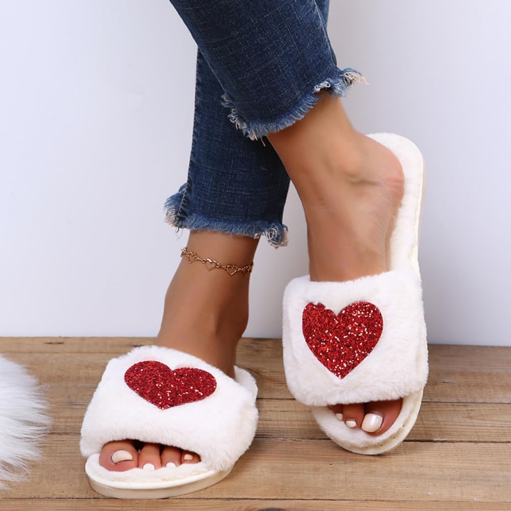 Women's Heart Fuzzy Slippers - Soft Fluffy Cozy House Slides with Open Toe for Indoor Comfort - Perfect for Brides, Lounging & Gift Giving