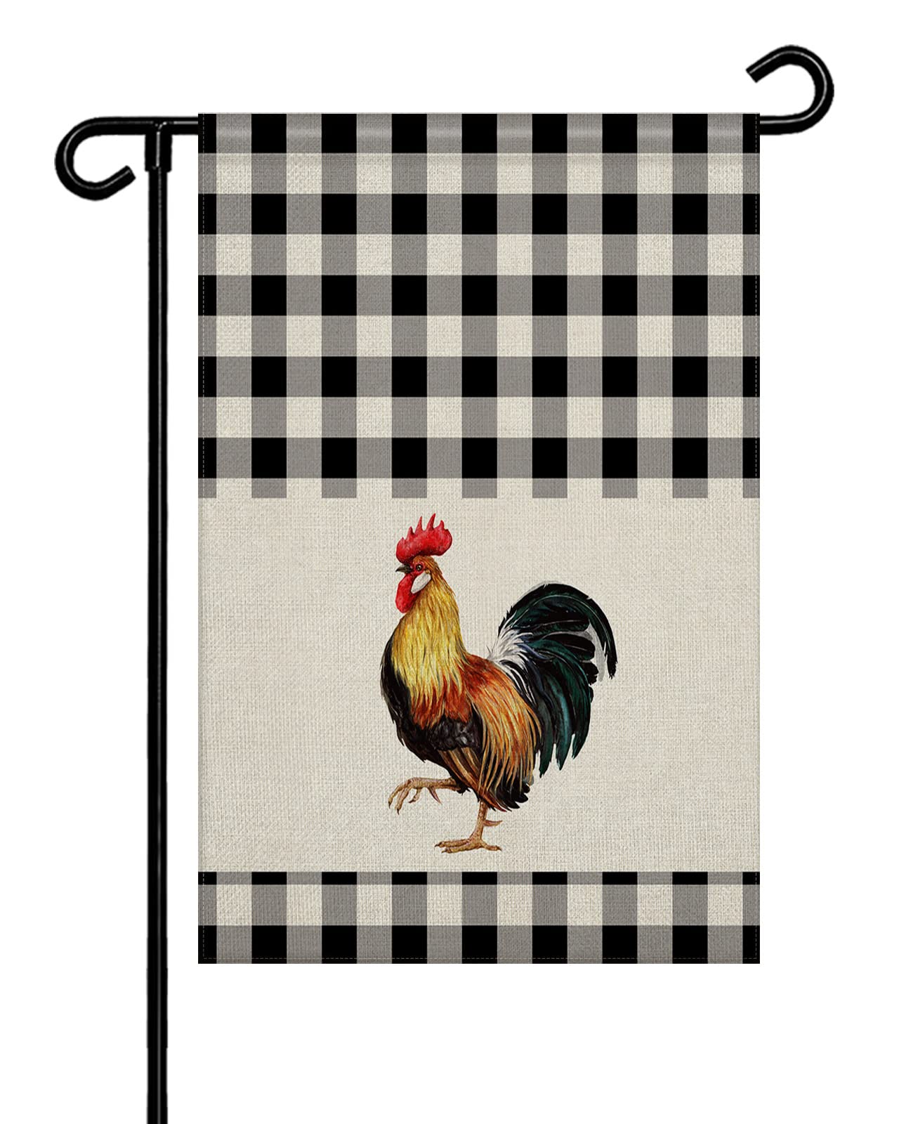 Double Sided Farm Rooster Garden Flags - Rustic Black & White Plaid Burlap Welcome Banner - 28