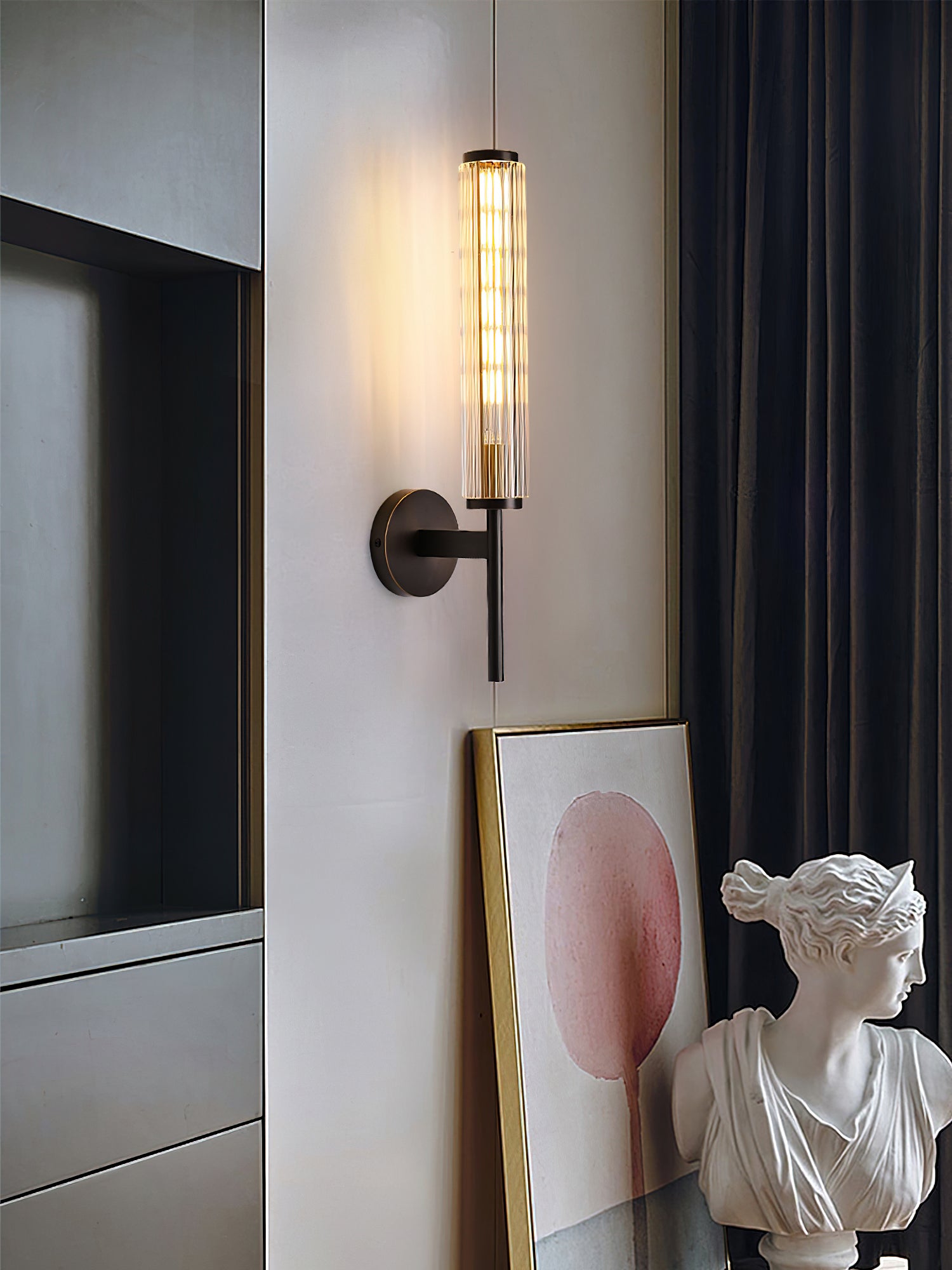 Brass Wall Sconce Light Fixture - Modern Linear Glass Shade for Bedroom, Living Room & Hallway Lighting