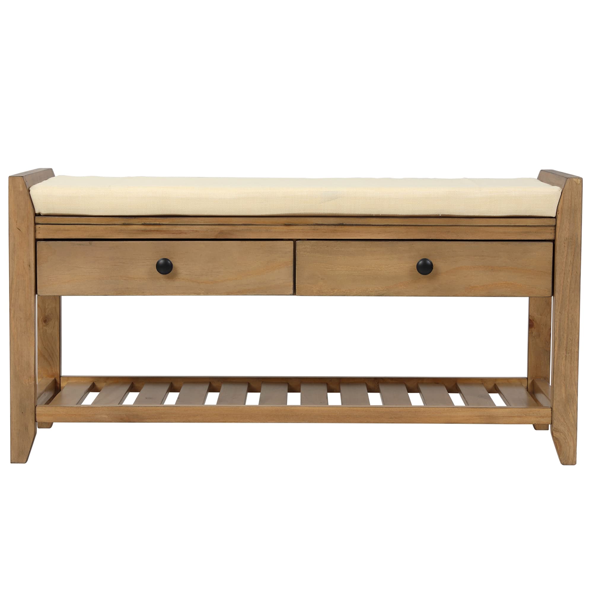 Old Pine Entryway Storage Bench with Cushioned Seat - Shoe Rack Organizer with 2 Drawers & Storage Shelf - Perfect for Hallway, Mudroom, or Bedroom Organization