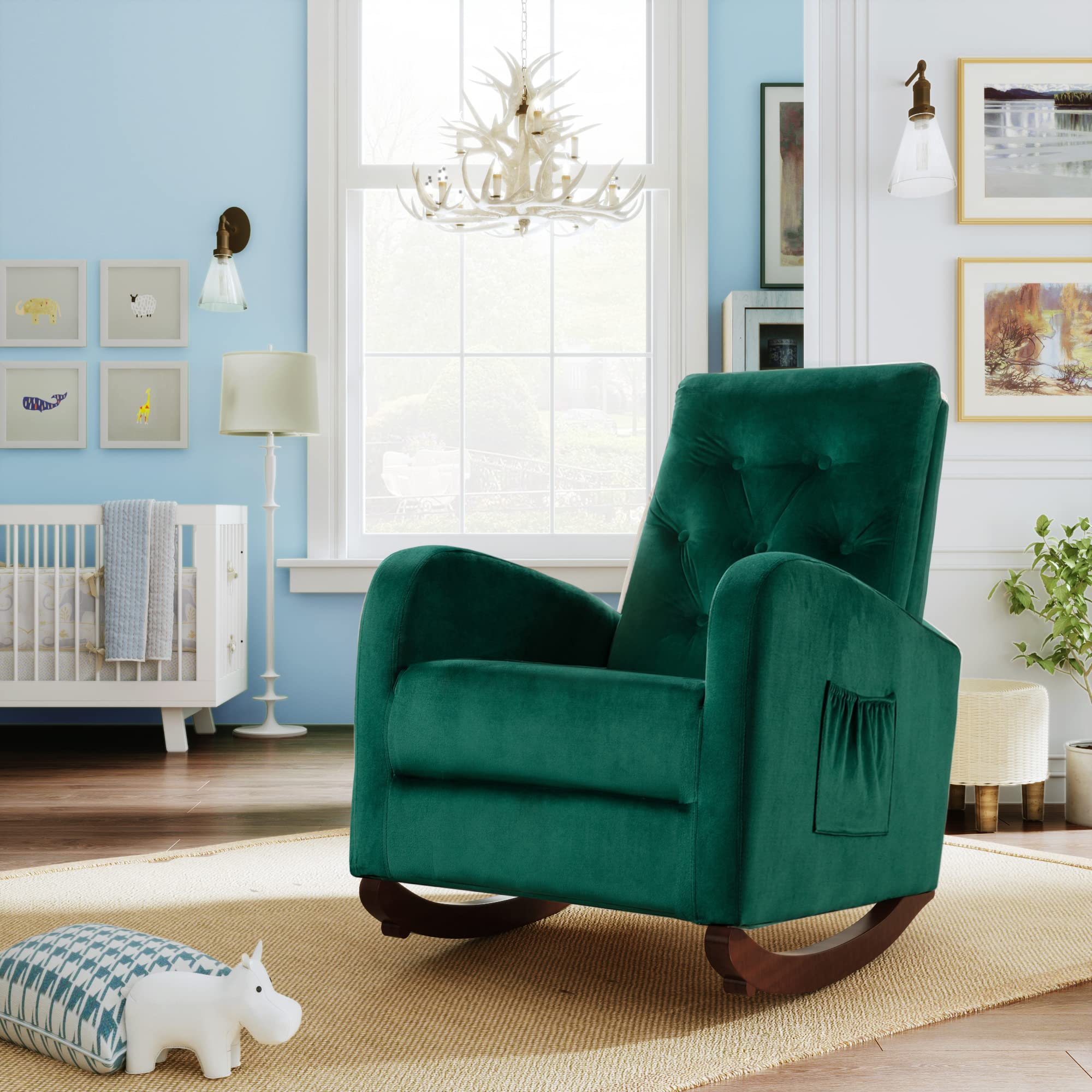 Mid Century Modern Upholstered Fabric Tufted Accent Armchair with Wooden Padded Seat & Side Pockets - Nursery Rocking Chair for Living Room, Bedroom, Office - Green Velvet Comfort Chair for Relaxing & Reading