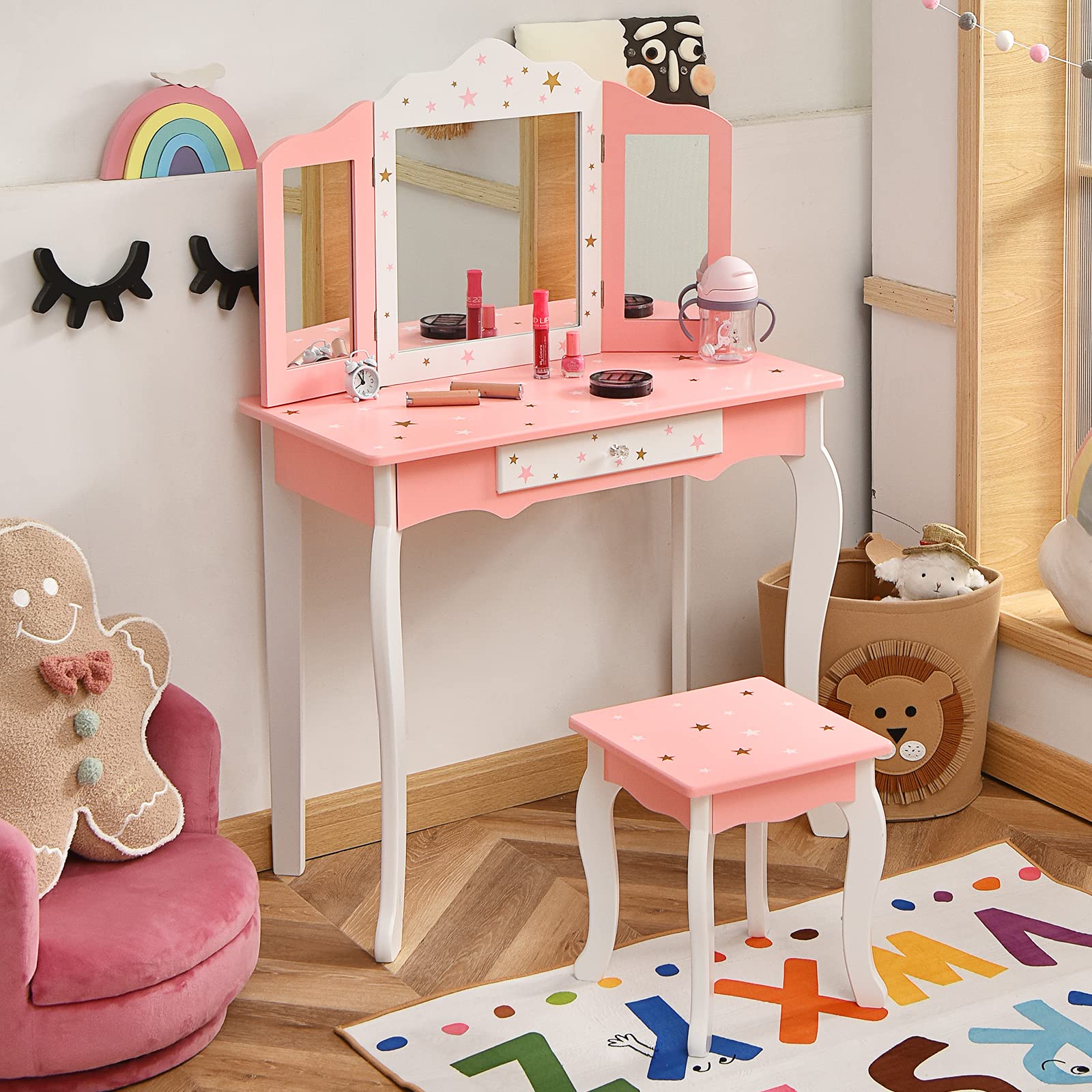 Princess Makeup Vanity Set for Girls with Mirror & Stool - Pretend Play Dress Up