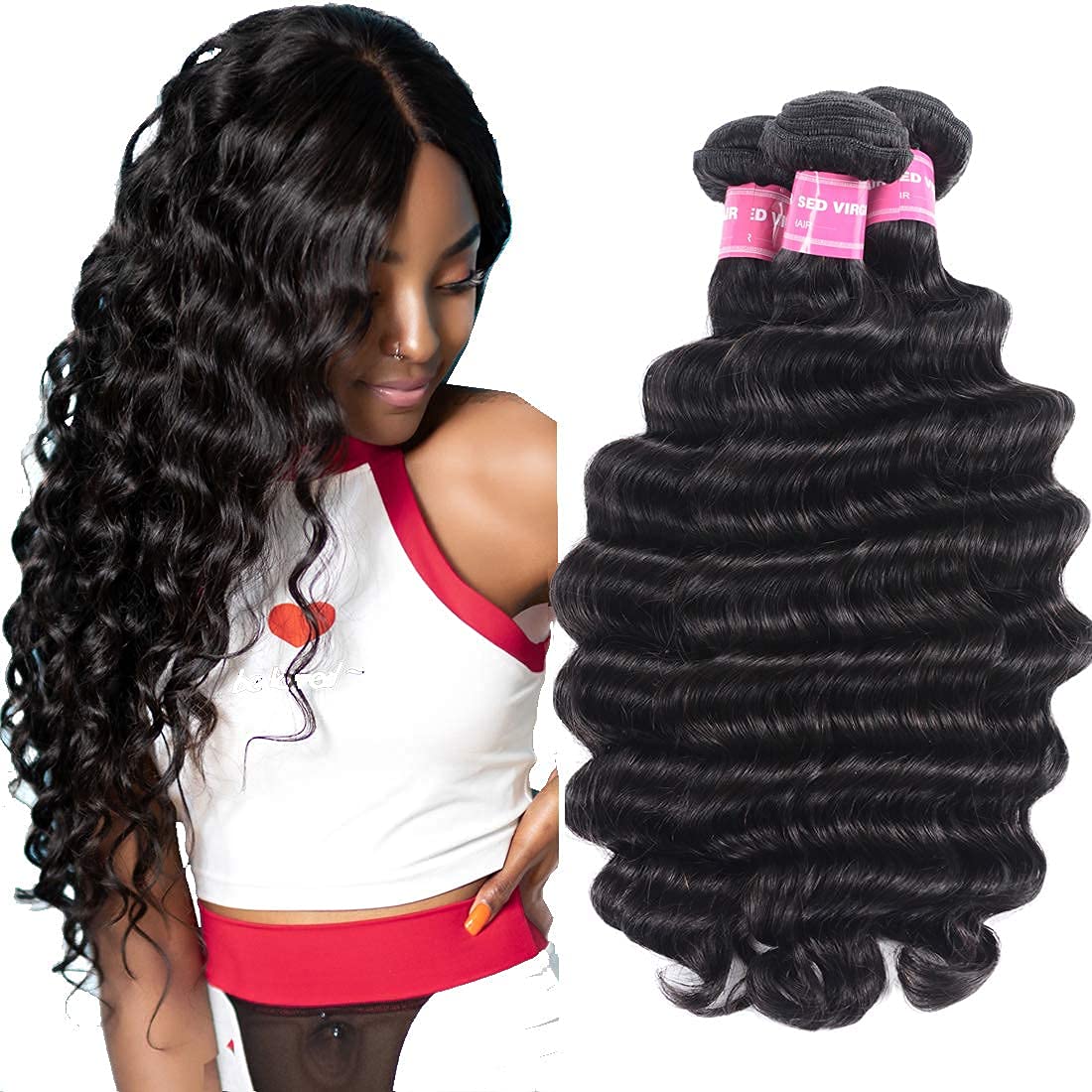 UNice Hair 10A Brazilian Loose Deep Wave Human Hair Extensions - 100% Virgin Unprocessed Wefted Hair 3 Bundles (12 14 16 Inch) - Natural Black Color for Stunning Hairstyles - Perfect for Daily Wear, Parties & Special Occasions