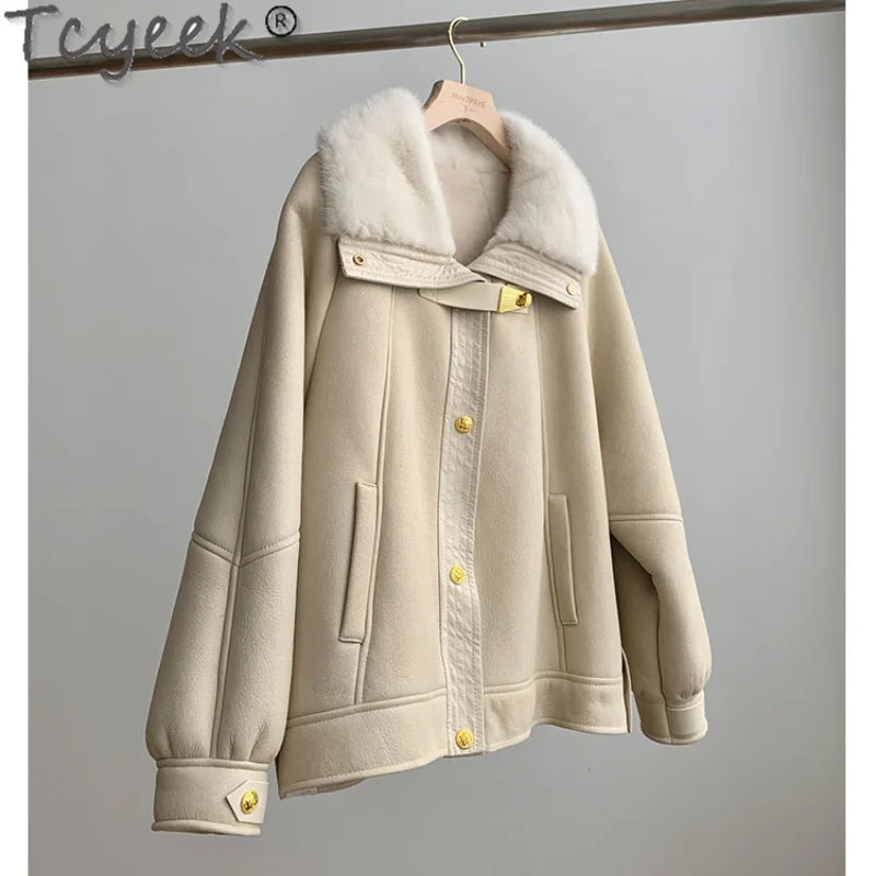 2023 Women's Natural Sheepskin Leather Jacket with 100% Real Mink Fur Lining - Winter Shearling Coat for Women (Style Gxy1207) | Warm & Stylish Outerwear for Cold Weather, Date Nights & Winter Travel