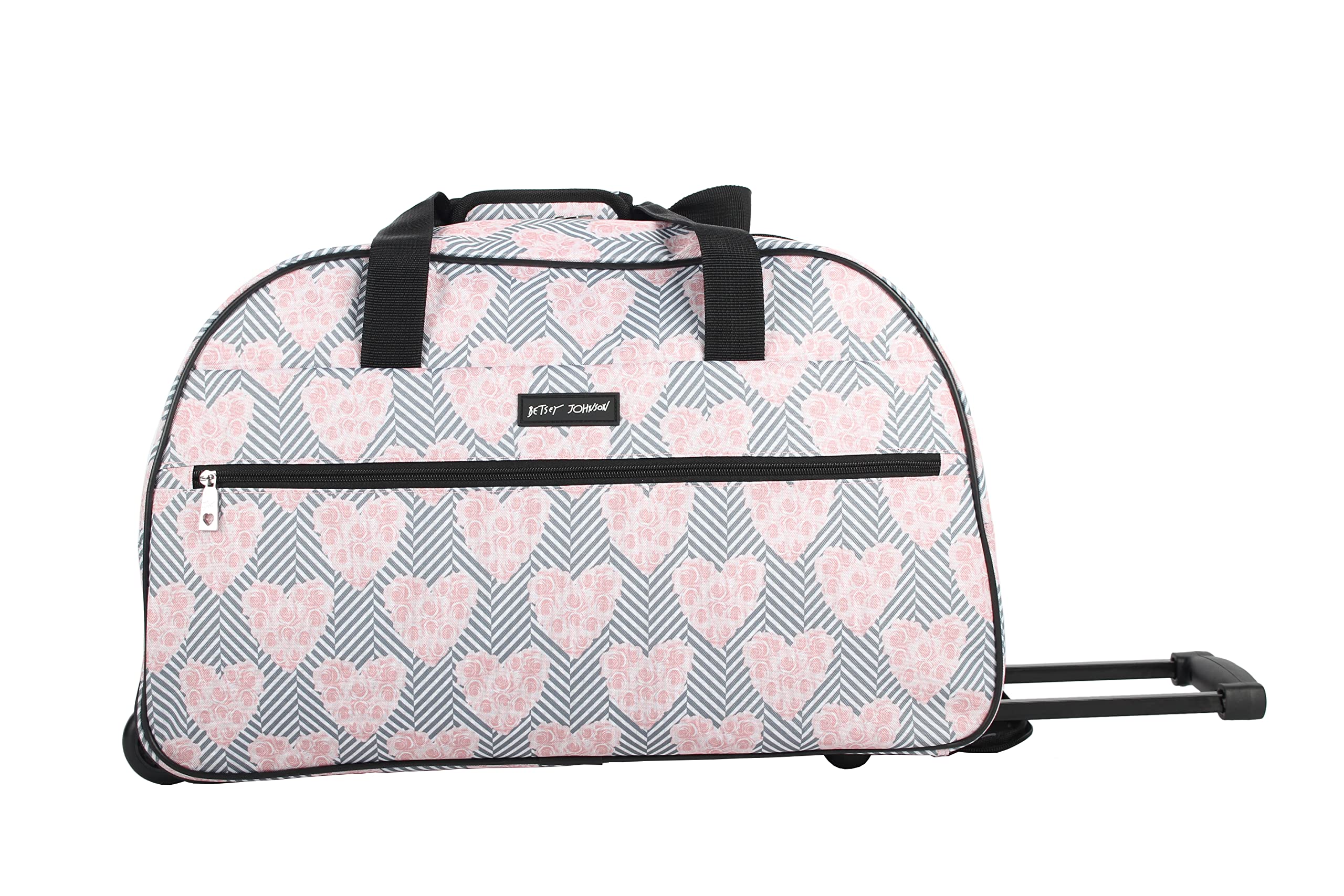 Betsey Johnson Designer 22 Inch Lightweight Spinner Wheel Duffel Bag - Weekender Overnight Business Travel Carry On Luggage with Rolling Wheels (Chevron Hearts Pattern) - Perfect for Air Travel, Weekend Getaways & Business Trips