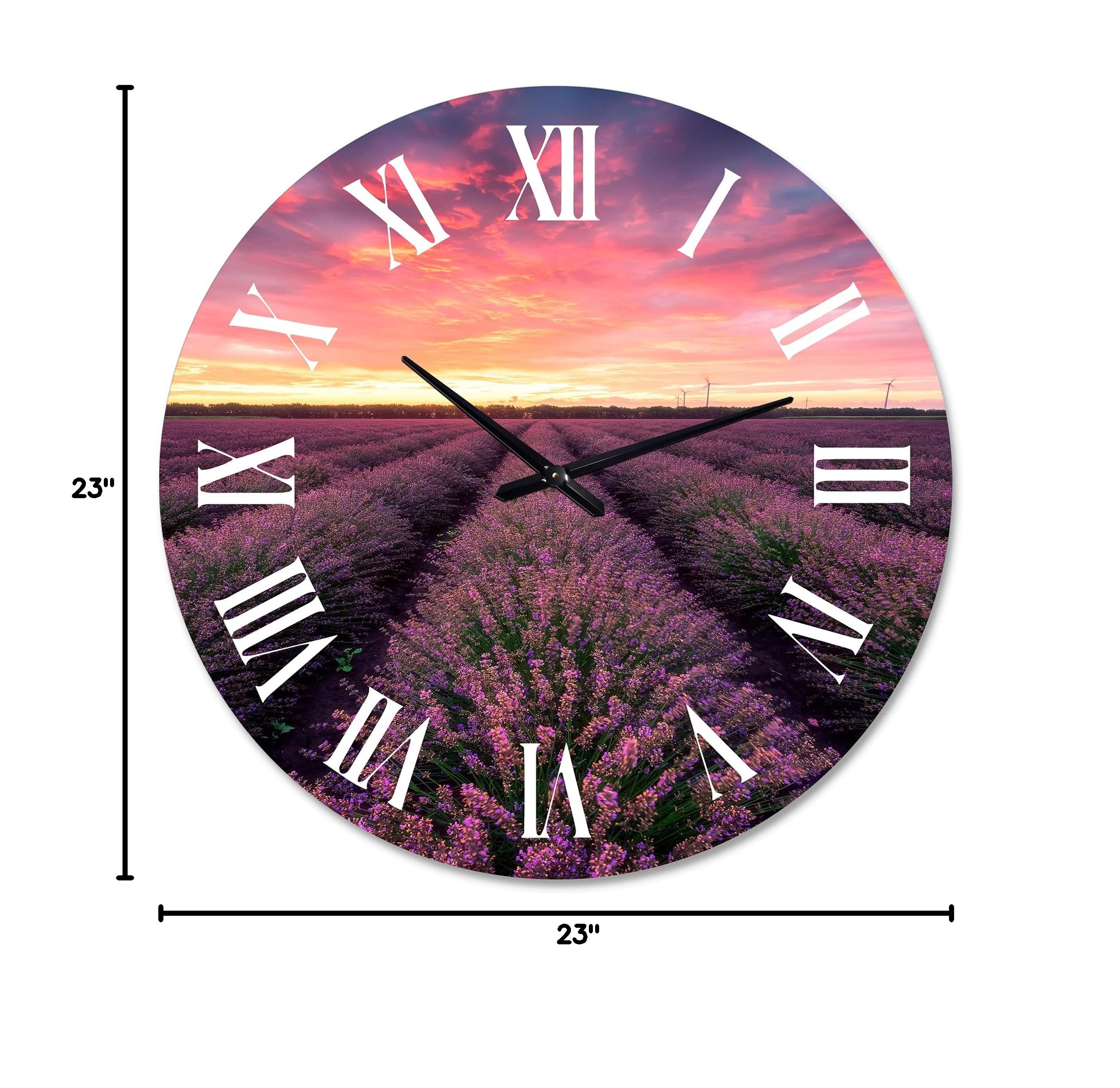 DesignQ Farmhouse Wall Clock - Sunrise & Dramatic Clouds Over Lavender Field XIV - Large Landscape Nature Wall Clock for Living Room, Kitchen, Bedroom Decor - Perfect for Home, Office & Gift Giving