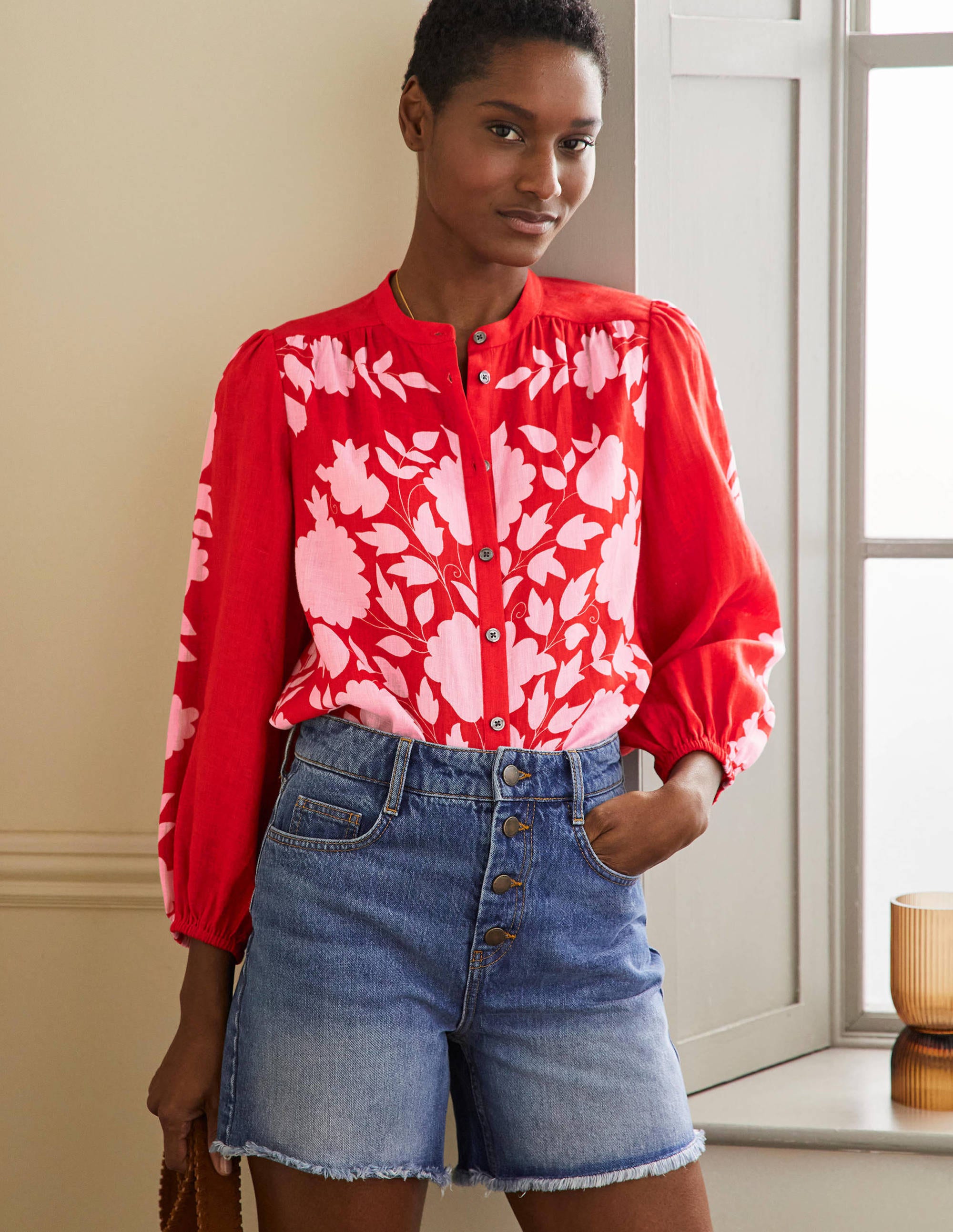 Becky Full Sleeve Linen Blouse Dragon Red - Women's Bohemian Wildflower Prairie Top for Casual Wear, Office & Date Night