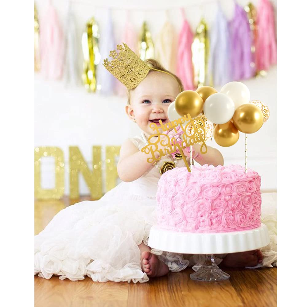 BEISHIDA 5 Inch 10pcs White Gold Balloon Cloud Cake Topper - Happy Birthday Cake Decorations with Mini Balloons & Garland - Perfect for Birthday Parties, Baby Showers & Wedding Cakes