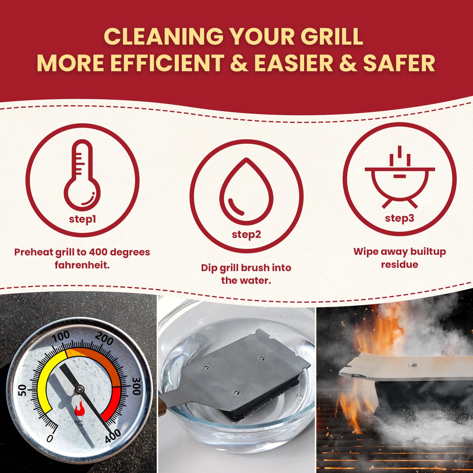 Stainless Steel BBQ Grill Brush with Wooden Handle - Bristle-Free Grill Cleaner with Replacement Head & Scraper for Outdoor Gas, Charcoal Grills - Perfect for Backyard Cookouts, Camping & Picnics