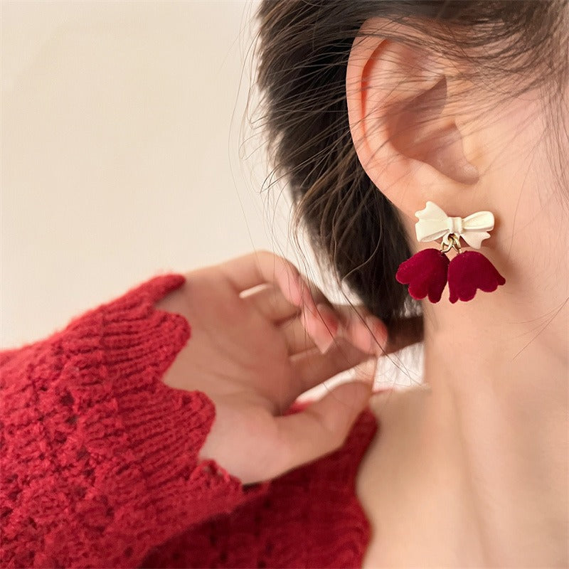 Velvet Jingle Bell Cute Bow Christmas Drop Earrings for Women - Festive Holiday Party Jewelry Gift (LM1778) | Perfect for Christmas Parties, Office Celebrations & New Year's Eve Events