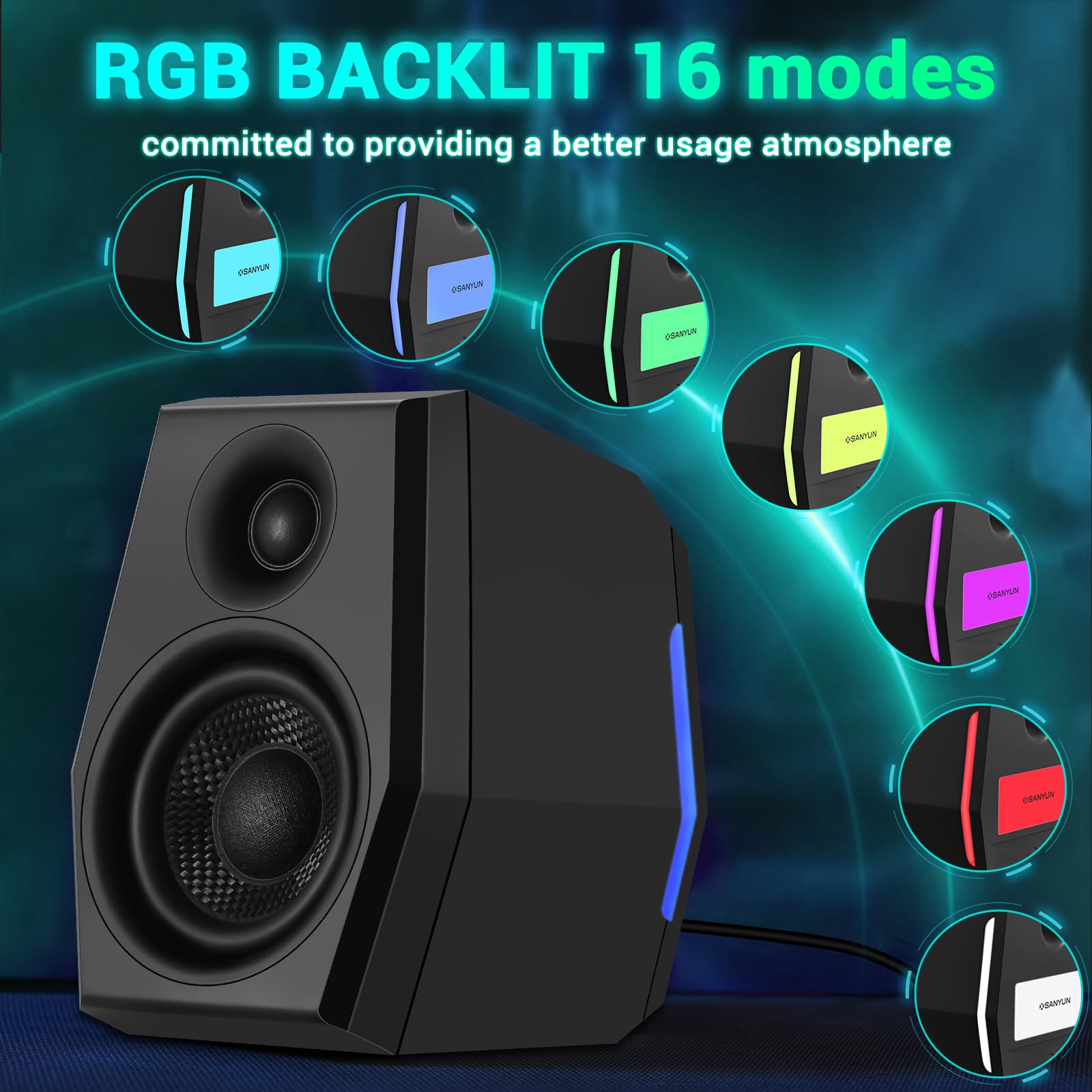 Sanyun SW209 36W PC Gaming Speakers with Built-in 24bit DAC - USB/Bluetooth/Aux Input - 3 EQ Sound Modes - RGB Lighting - for Desktop, Laptop, Mac, Monitor (Black) | Perfect for Gaming, Music, Movies & Home Office Setup