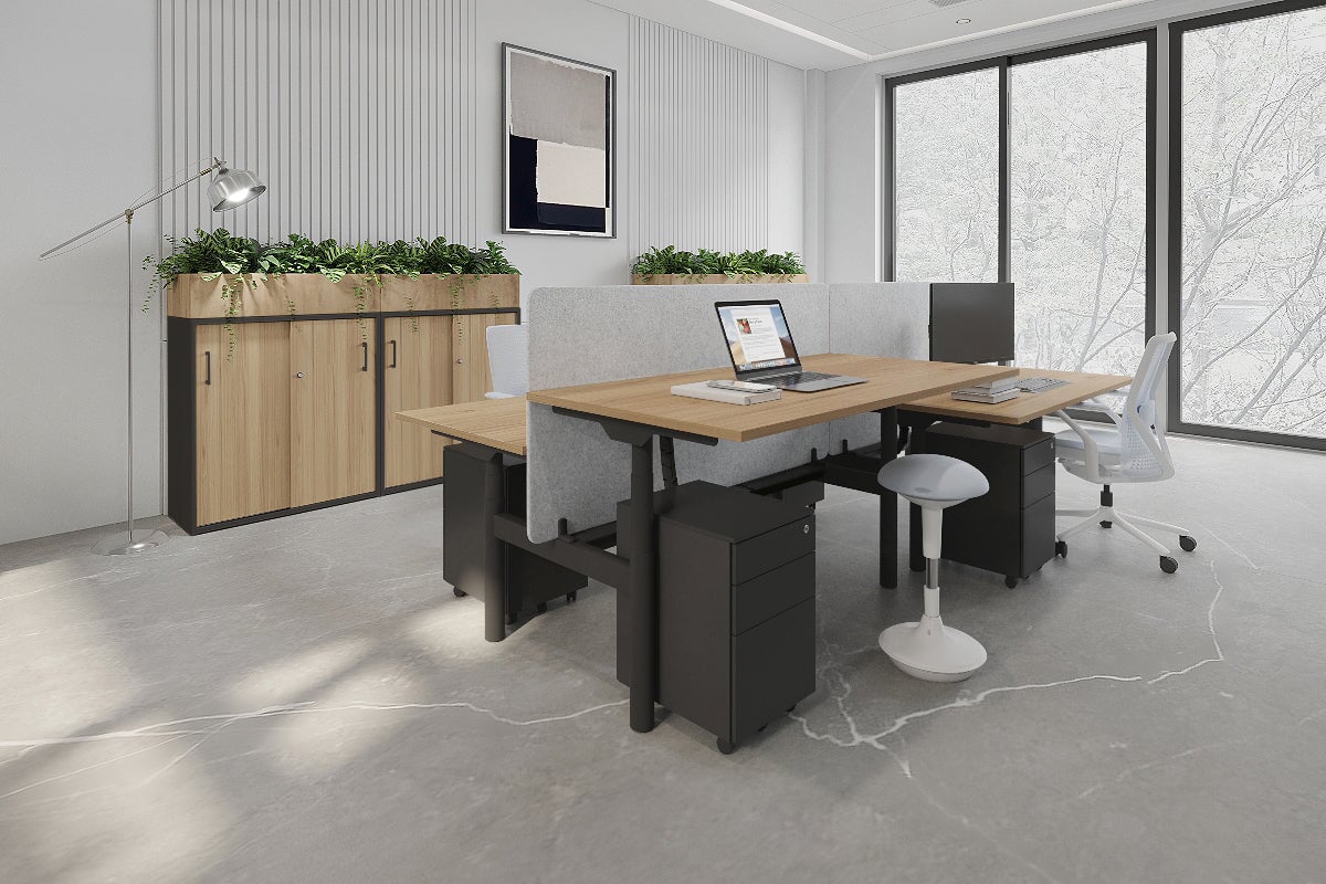 Flexi Premium Height Adjustable 4-Person H Bench Workstation - Black Frame [1200L x 700W] - Ideal for Office, Coworking Space & Home Office Setup