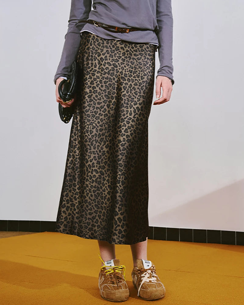 Leopard Print Silk Midi Skirt for Women - Elegant A-Line Wrap Skirt with Slit | Perfect for Office, Date Night & Special Occasions