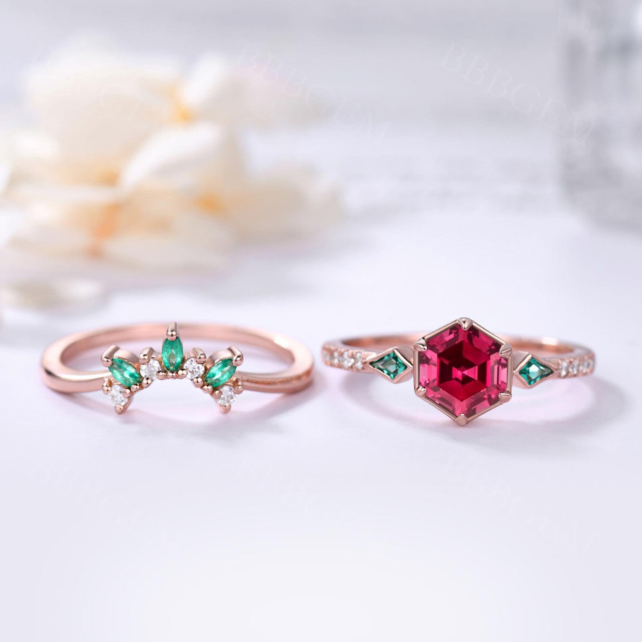 3 Stones Hexagon Lab Ruby with Kite Cut Emerald Sidestones Wedding Ring Set in Bezel & Prong Rose Gold Setting - Perfect for Engagement, Anniversary, and Bridal Jewelry Gifts