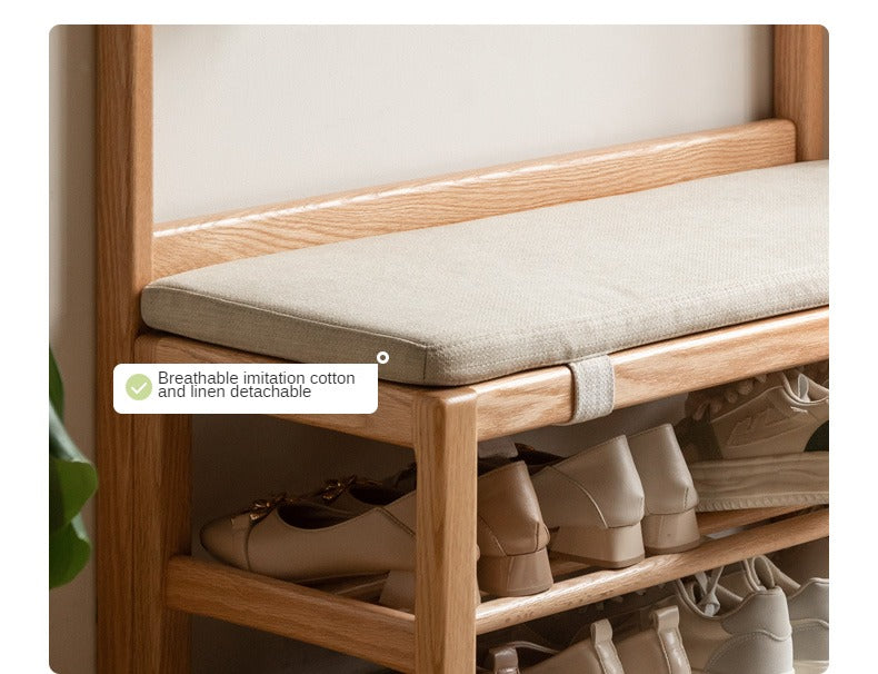 Solid Oak Wood Shoe Bench with Hooks - Entryway Organizer & Shoe Storage Stool for Hallway, Bedroom, or Mudroom