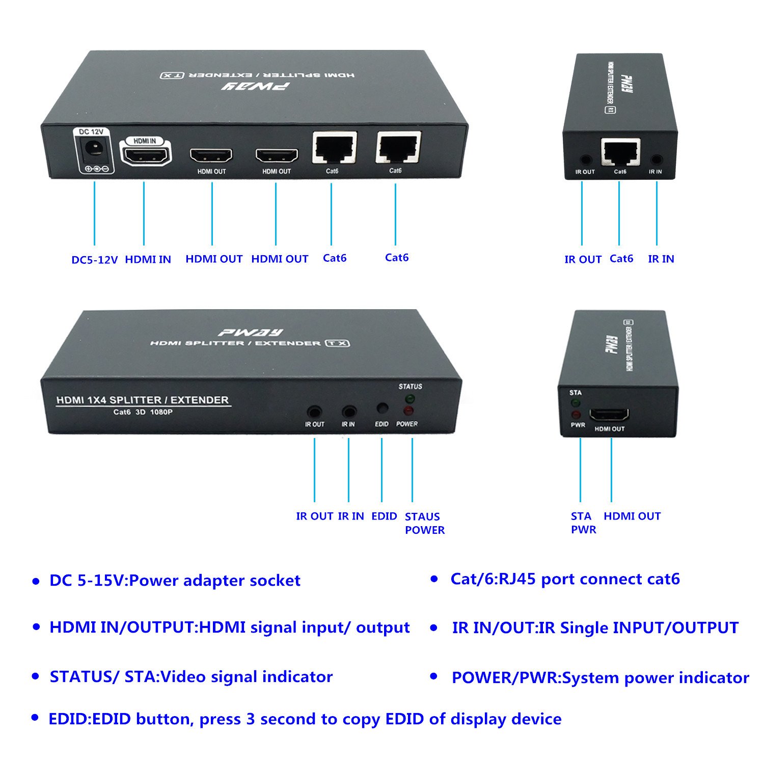 Premium 1x2 HDMI Splitter Extender Over Cat5e/Cat6 Cable - 1080P Full HD, IR Remote Control, Zero Delay up to 60m (196ft) - Perfect for Home Theater, Gaming & Conference Room Setup