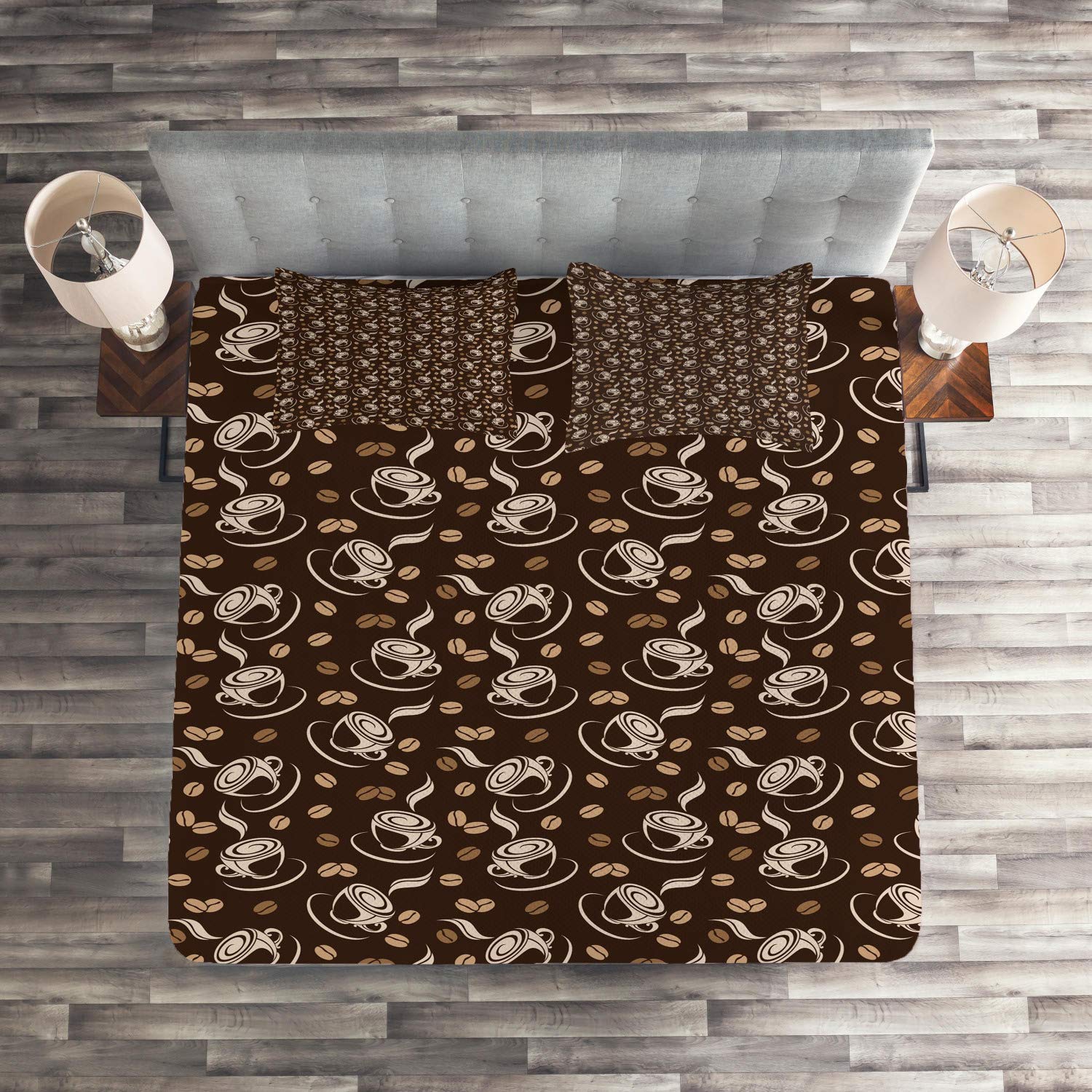 Lunarable Coffee Themed Quilted Bedspread Set - Twin Size 2-Piece Decorative Coverlet with Pillow Sham, Abstract Coffee Cup & Bean Silhouette Design in Brown/Beige - Perfect for Bedroom Decor & Coffee Lover Gifts