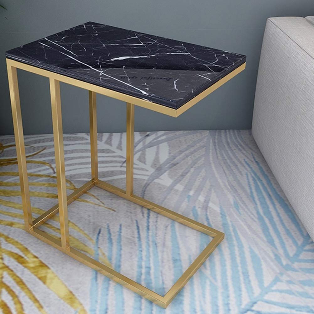 Marble Finish Gold Frame C-Shaped End Table - 21.6 Inch Home Snack Side Table for Sofa, Couch & Bedside | Perfect for Living Room, Laptop Use & Breakfast in Bed