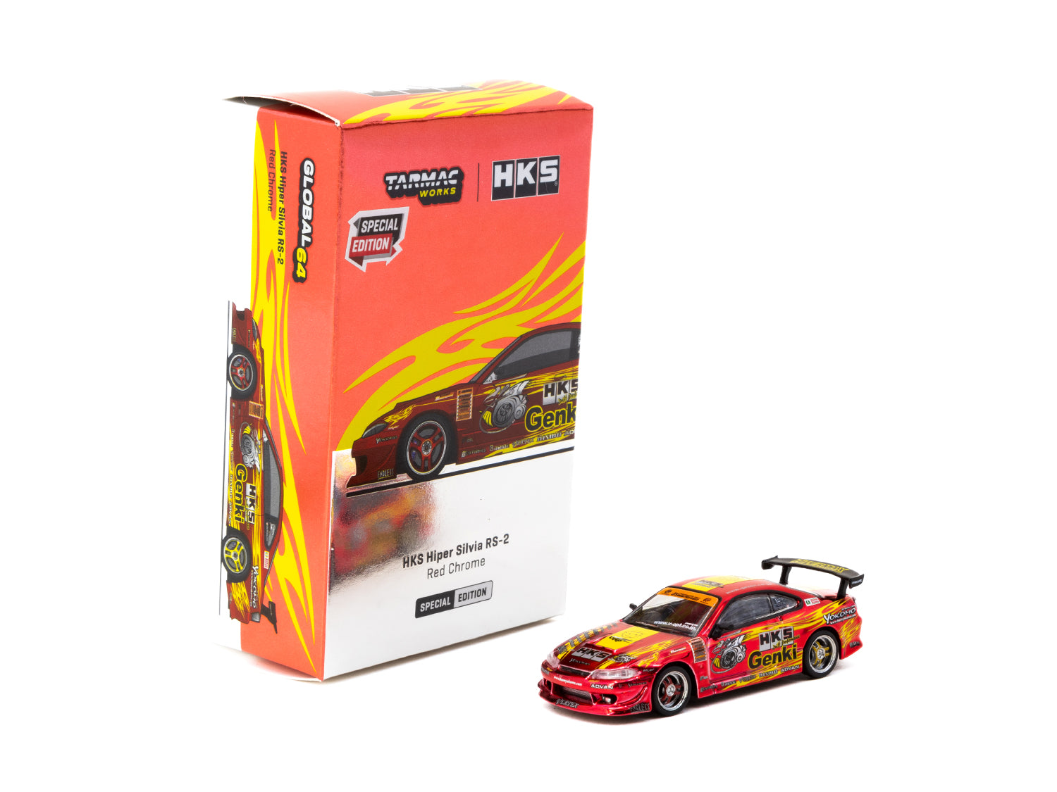 Tarmac Works 1/64 HKS Hiper Silvia RS 2 Chrome Red Diecast Model Car - Tokyo Auto Salon 2025 Special Edition - GLOBAL64 Collectible for Car Enthusiasts & Display Showcase